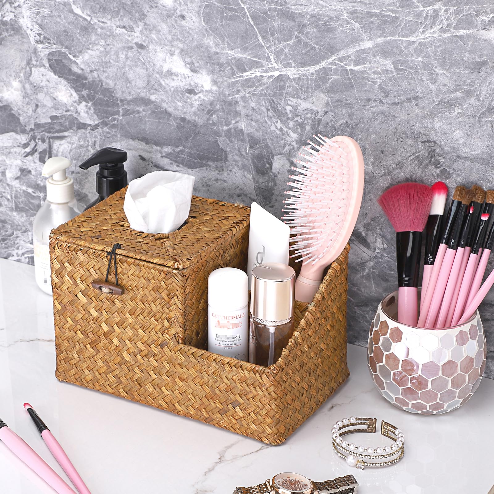 Sumnacon Square Woven Tissue Box Cover - Decorative Cube Tissue Box Holder With Side Organizer, Rustic Seagrass Tissue Box For L