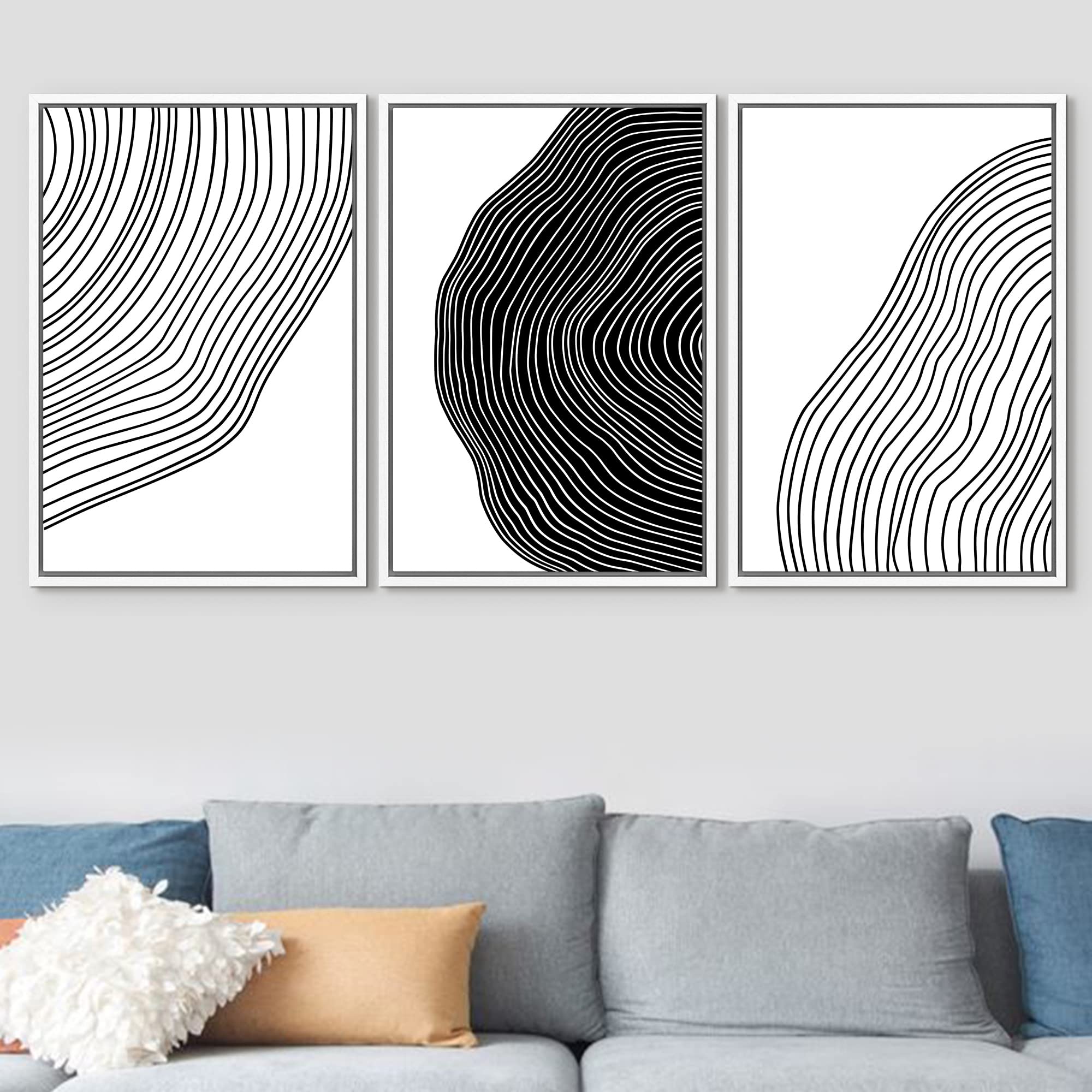 Signford Framed Canvas Print Wall Art Set Black White Spiral Ring Polygons Abstract Shapes Illustrations Modern Art Bohemian Nor