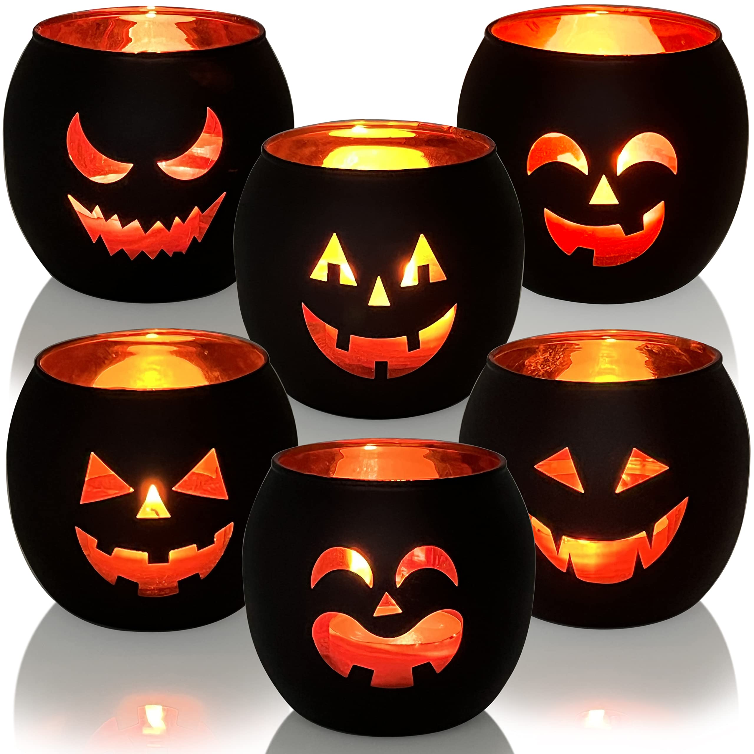 Halloween Table Centerpiece Candle Holders Set of 6, Black and Gold Glass Votive Holder with 6 Grimace, Tealight Holders Bulk fo