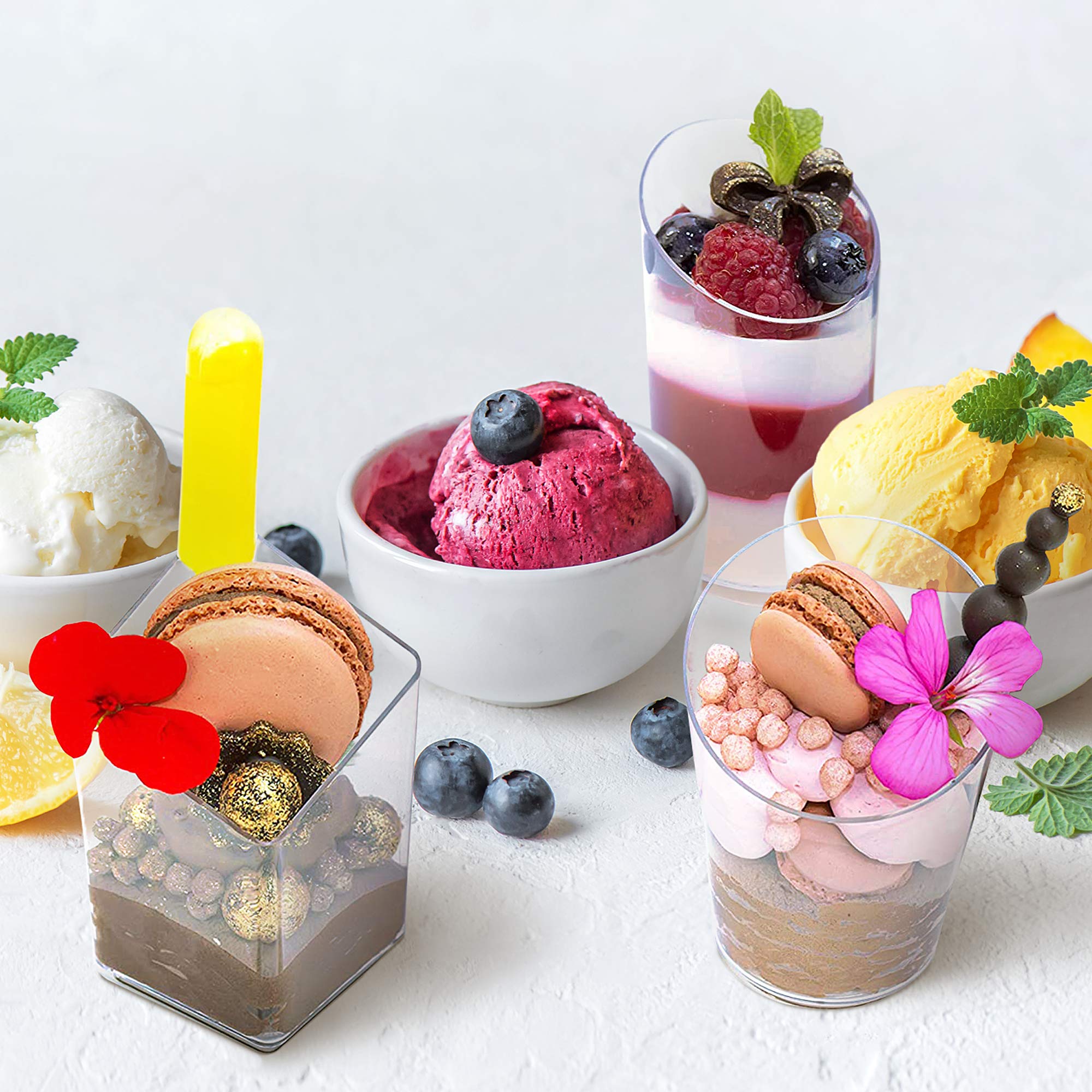 Open Cut Slanted Round Dessert Cups - 3 Ounce - 40 Count - Spoons Included - Clear Plastic - Slanted Cylinder Mini Dessert Cup -