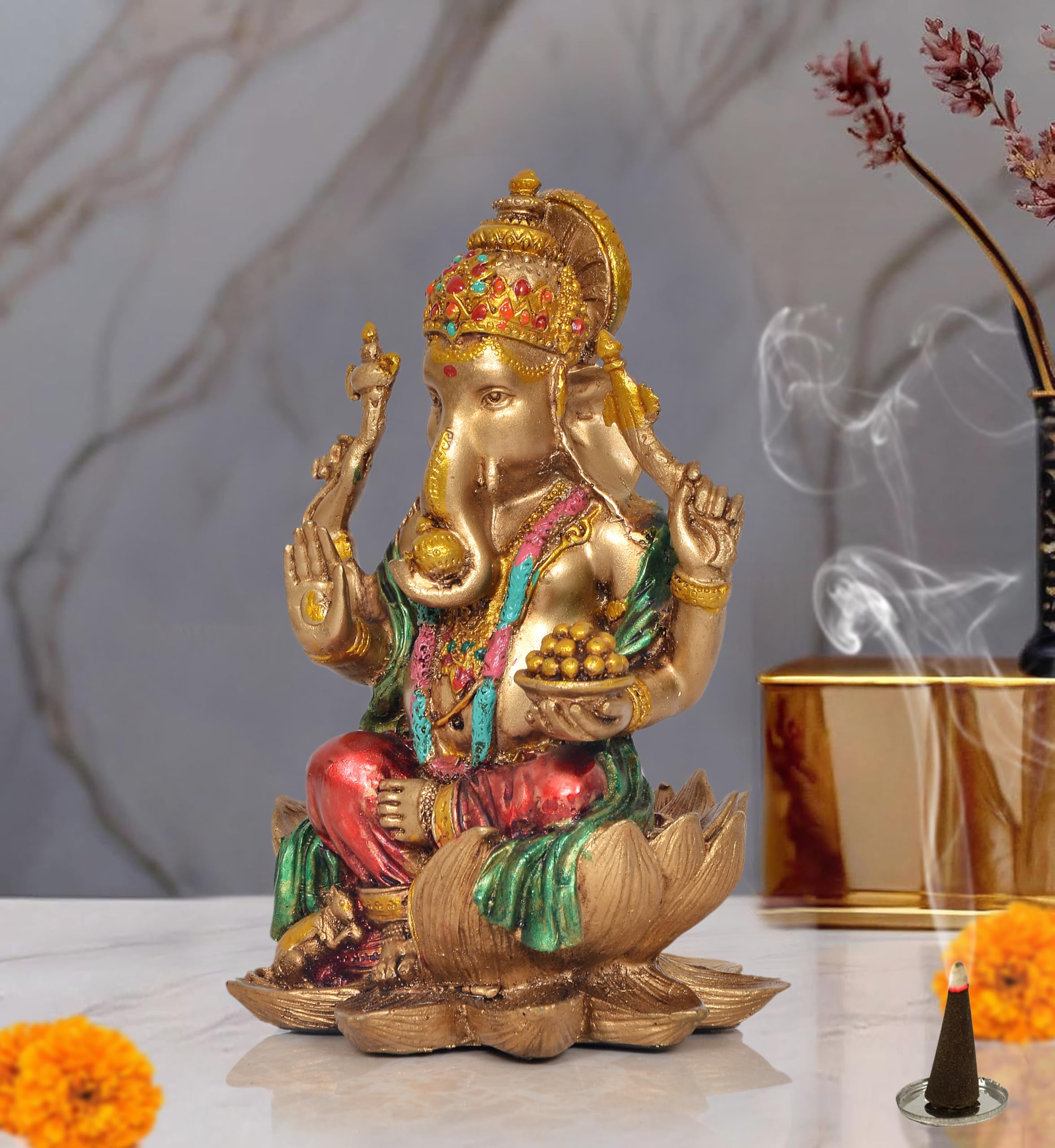 Dattatreya Cold Cast Lord Ganesha Ganpati Idol Statue Murti for Decoration and Pooja Gifting in Resin, Height : 6.5 inch