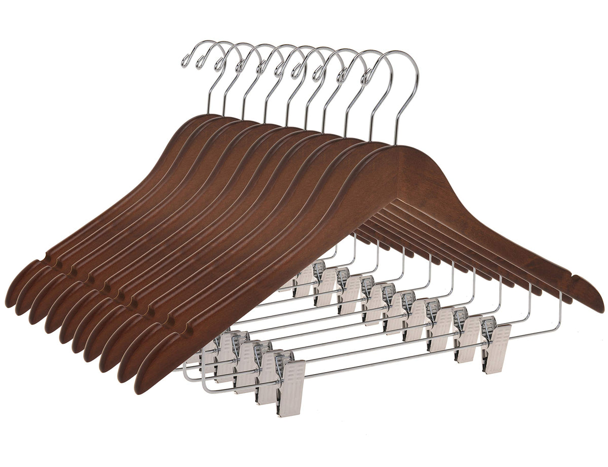 Quality Wooden Skirt Hangers With Clips, 10-Pack Smooth Solid Wood Pants Hangers With Durable Adjustable Metal Clips, Swivel Hoo