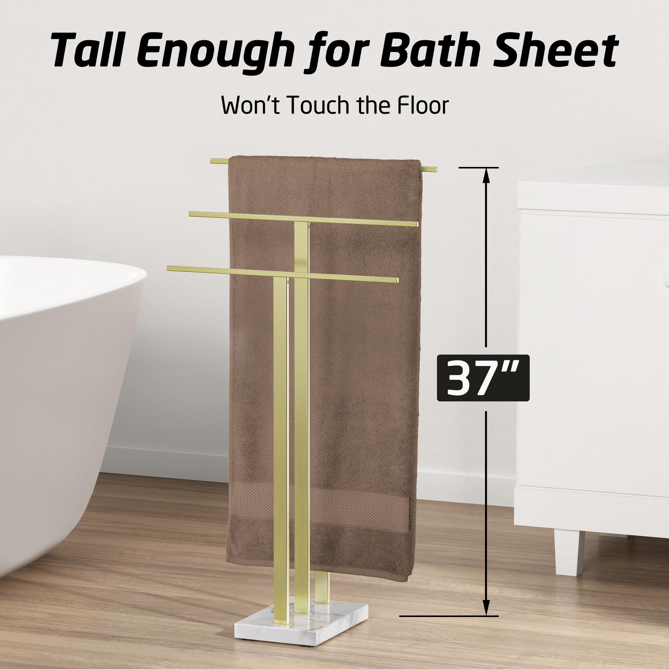 Kes Standing Towel Rack 3-Tier With Marble Base, Brushed Gold Towel Rack Stand For Bathroom Floor, Fits Large Bath Towel & Hand