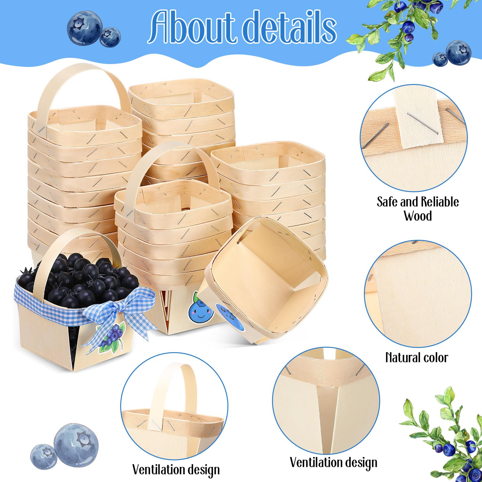 Seeloowy 77 Pcs/30 Sets One Pint Wood Berry Basket with Handle with Blueberry Stickers and Blue Gingham Ribbon 4 Small Gifts Bas