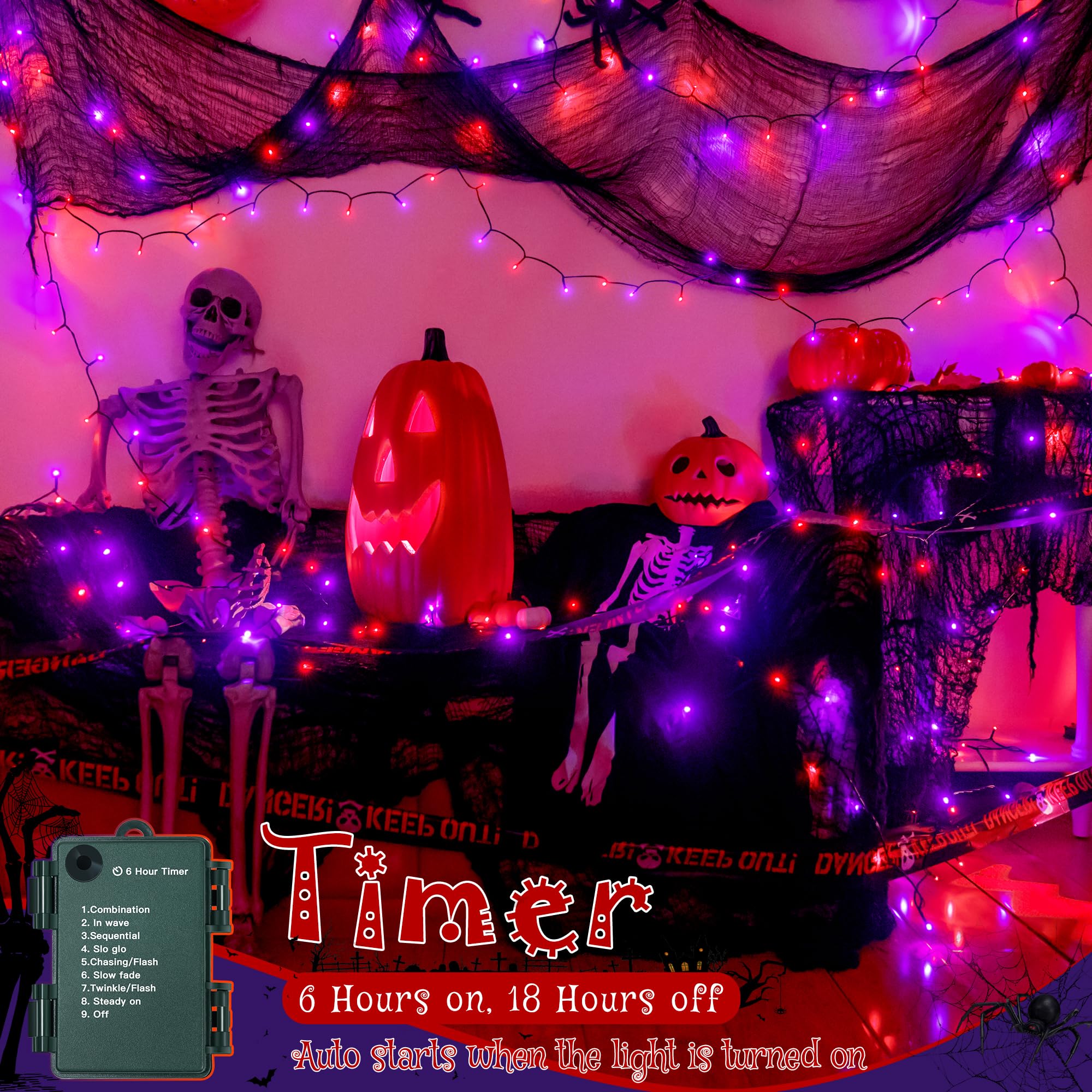 Ollny Halloween Lights 150LED 49FT, Orange and Purple String Lights with Creepy Cloth(315 x 85 in), Battery Operated Fairy Light