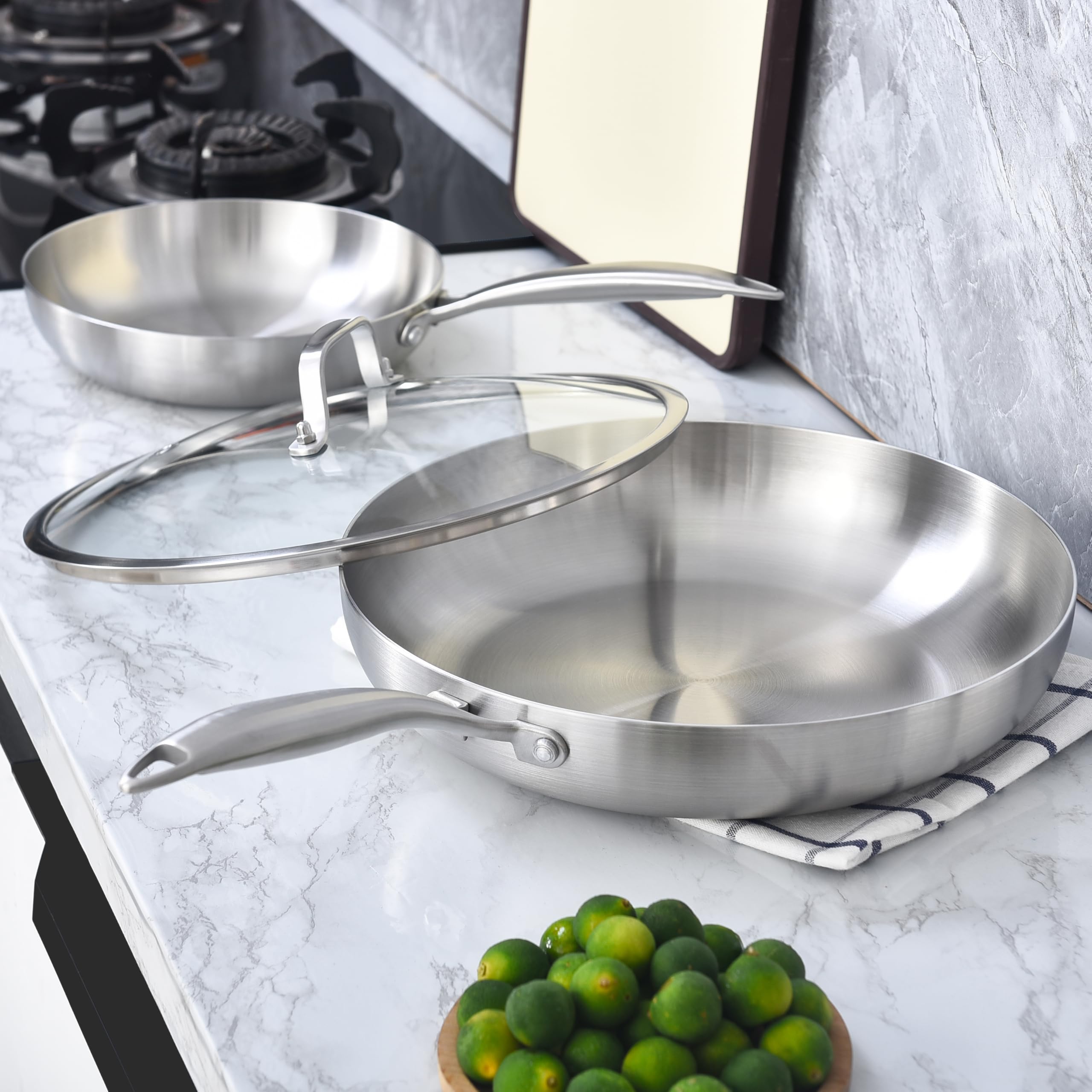 LOLYKITCH Tri-ply Stainless Steel Frying Pan Set, 10-12 Inch, Silver, Includes Lids, Induction & Dishwasher Safe, Model LOLY-SET