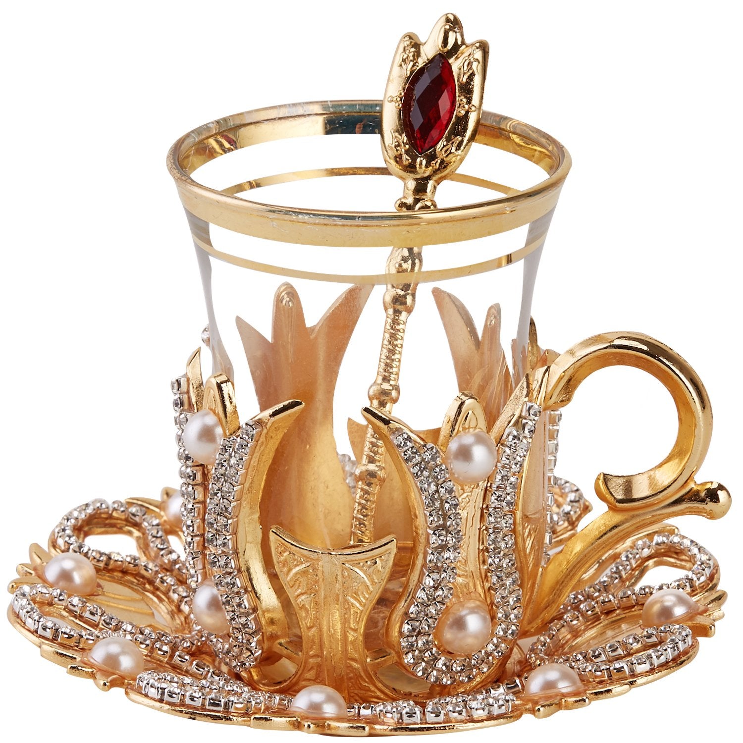 Demmex (Set Of 6) Turkish Tea And Coffee Glasses Cups Set With Saucers Holders Spoons, Decorated With Swarovski Type Crystals An