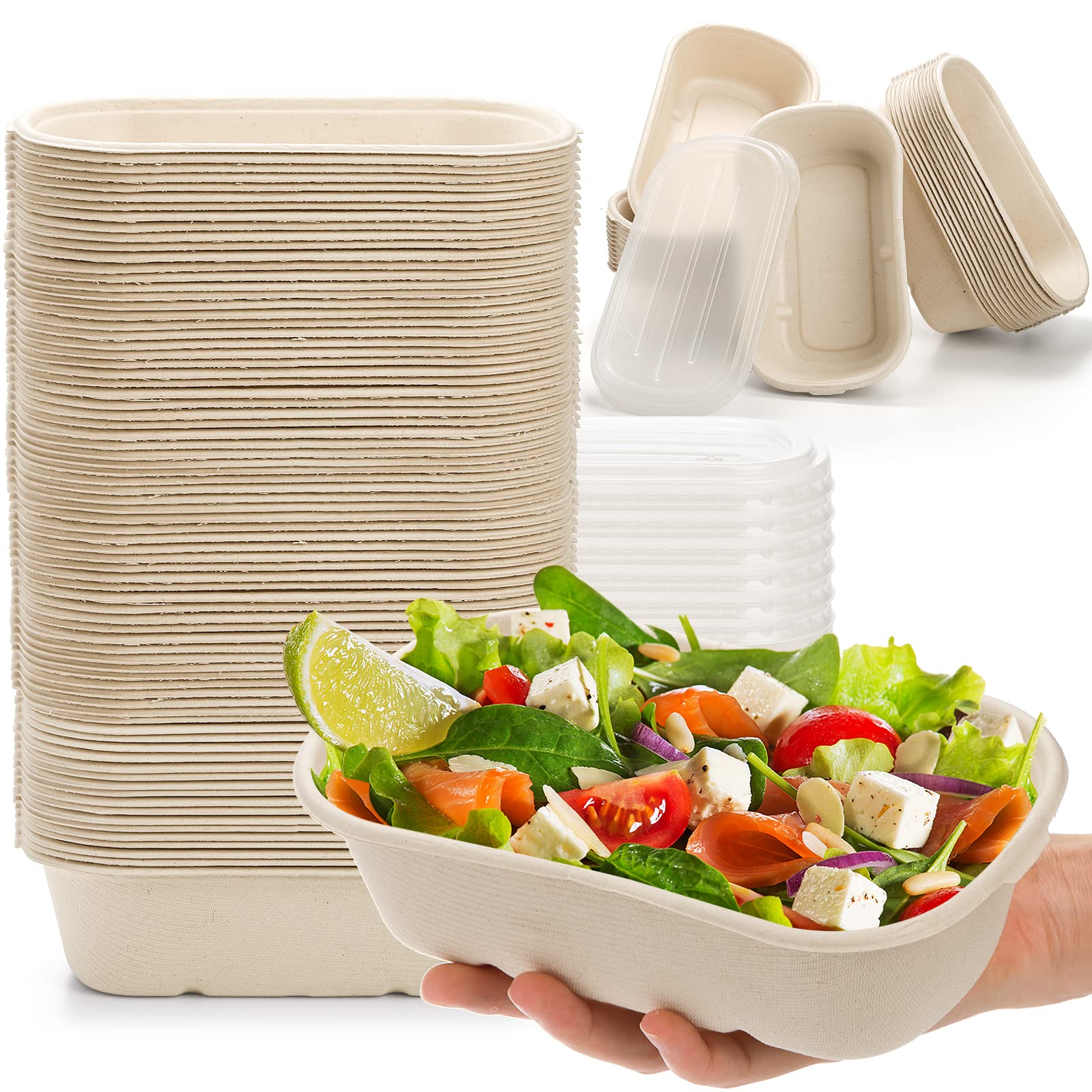 Yesland 70 Pack Compostable Take Out Food Containers with PP Lid, 23 Oz Bagasse to Go Containers Rectangular Disposable Paper Bo
