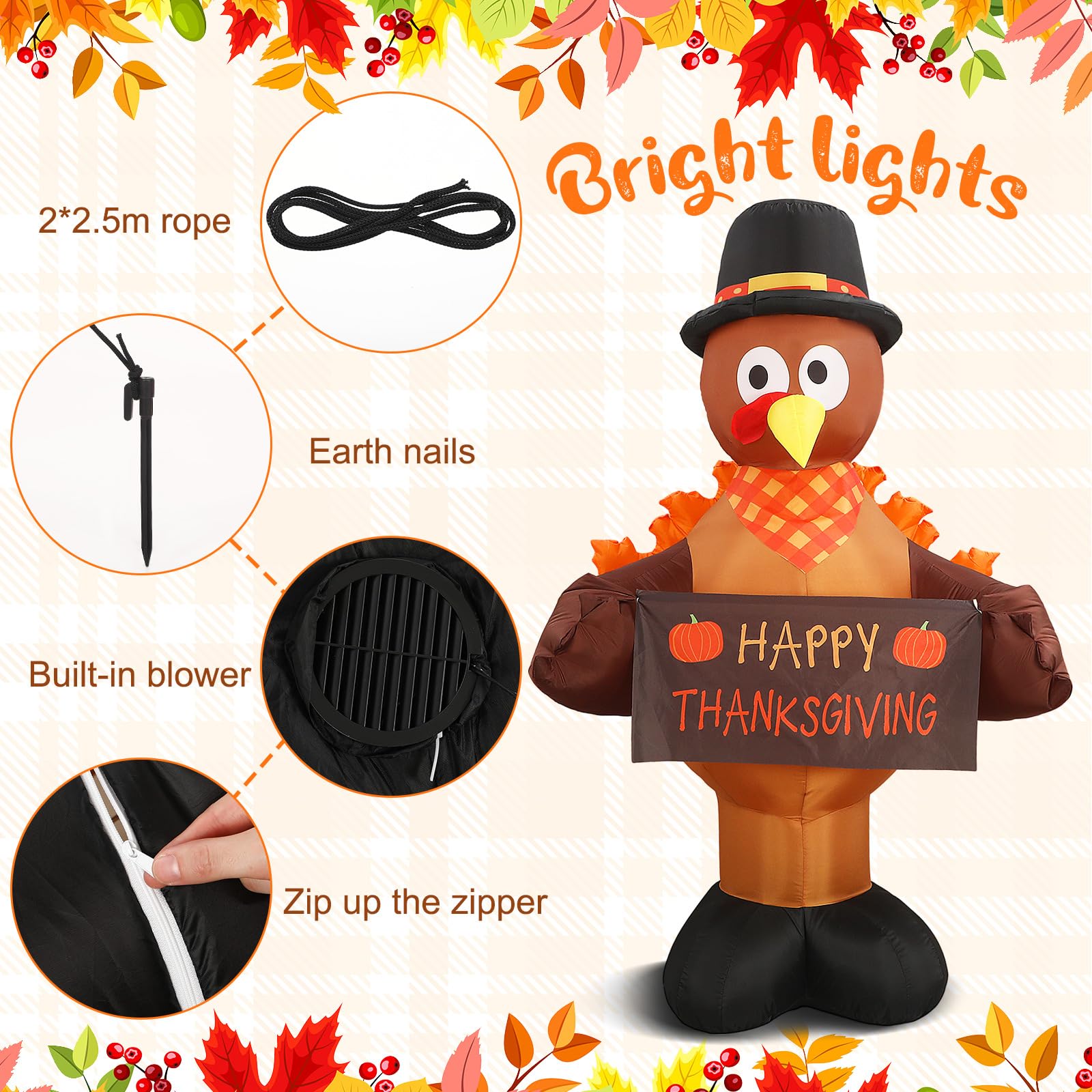 2 Pack 6ft Thanksgiving Inflatables Turkey Outdoor Decoration Thanksgiving Turkey Blow Ups for Outside with Built-in LEDs Inflat