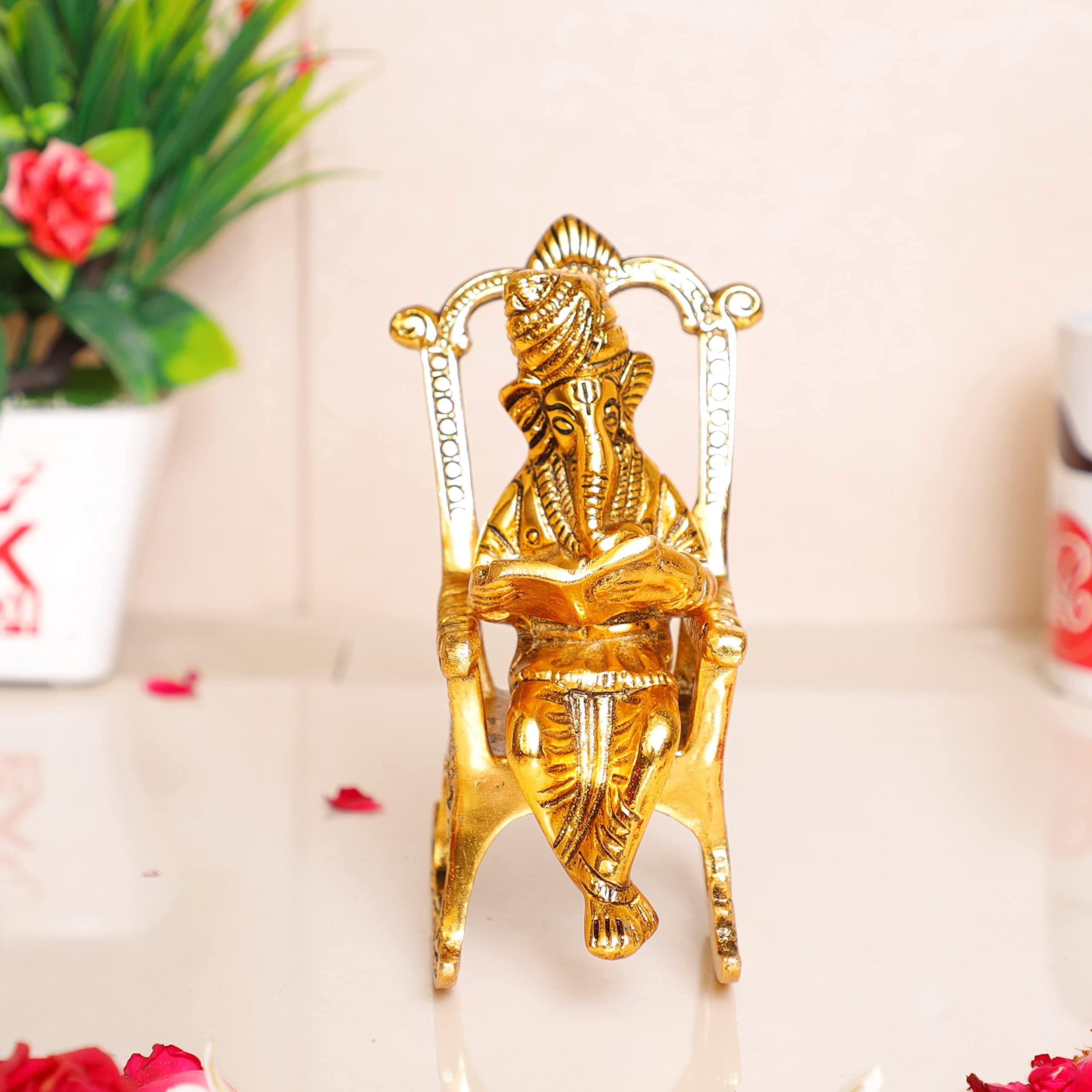 Dreamkraft Metal Chair Ganesh Ganpati Idol With Reading Ramayan Home Decoration And Gifts For Your Love Once