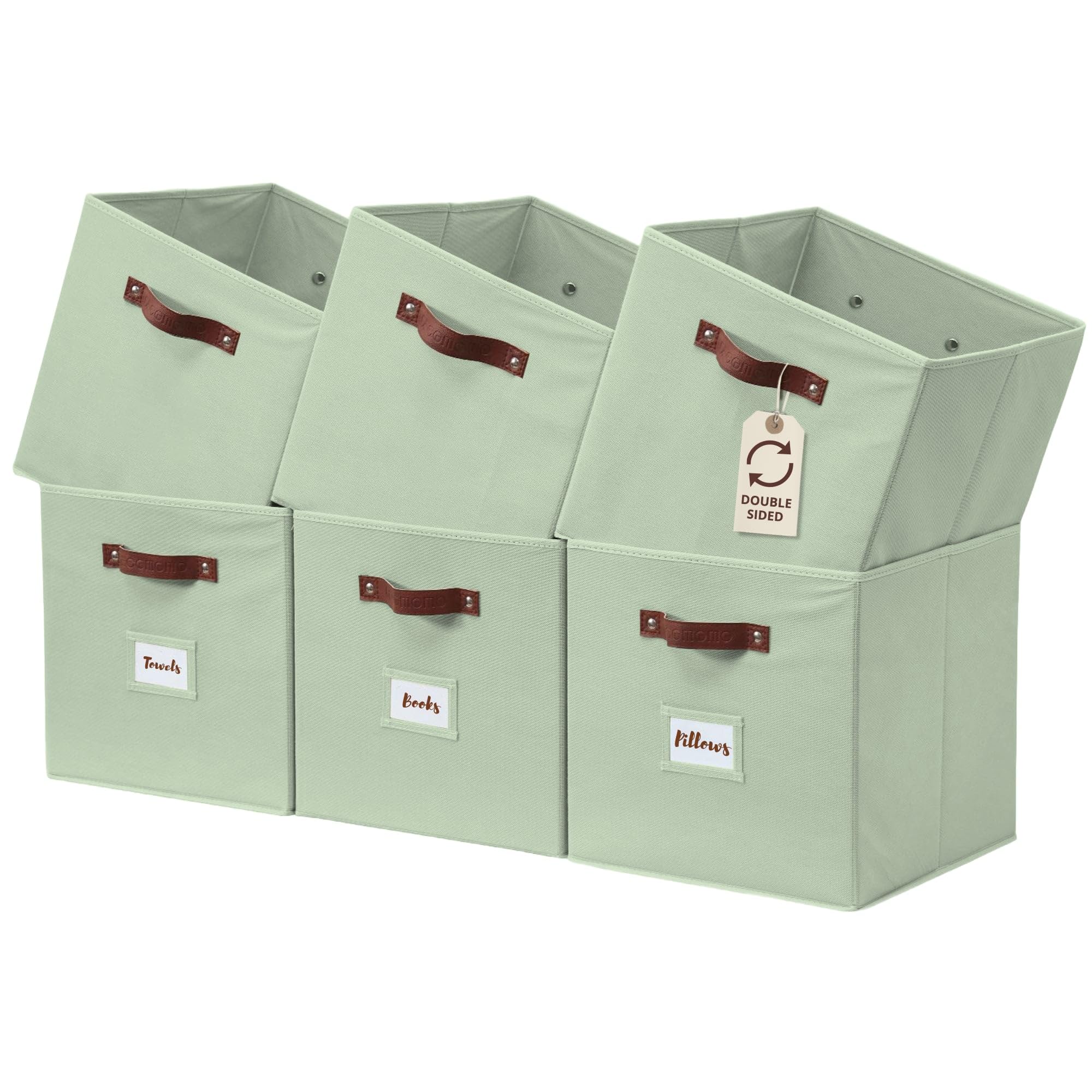 DECOMOMO Storage Cubes, 13x13x13 Storage Cube Bins with Labels, Fabric Organizer Bins (13 / 6pcs, Sage Green)