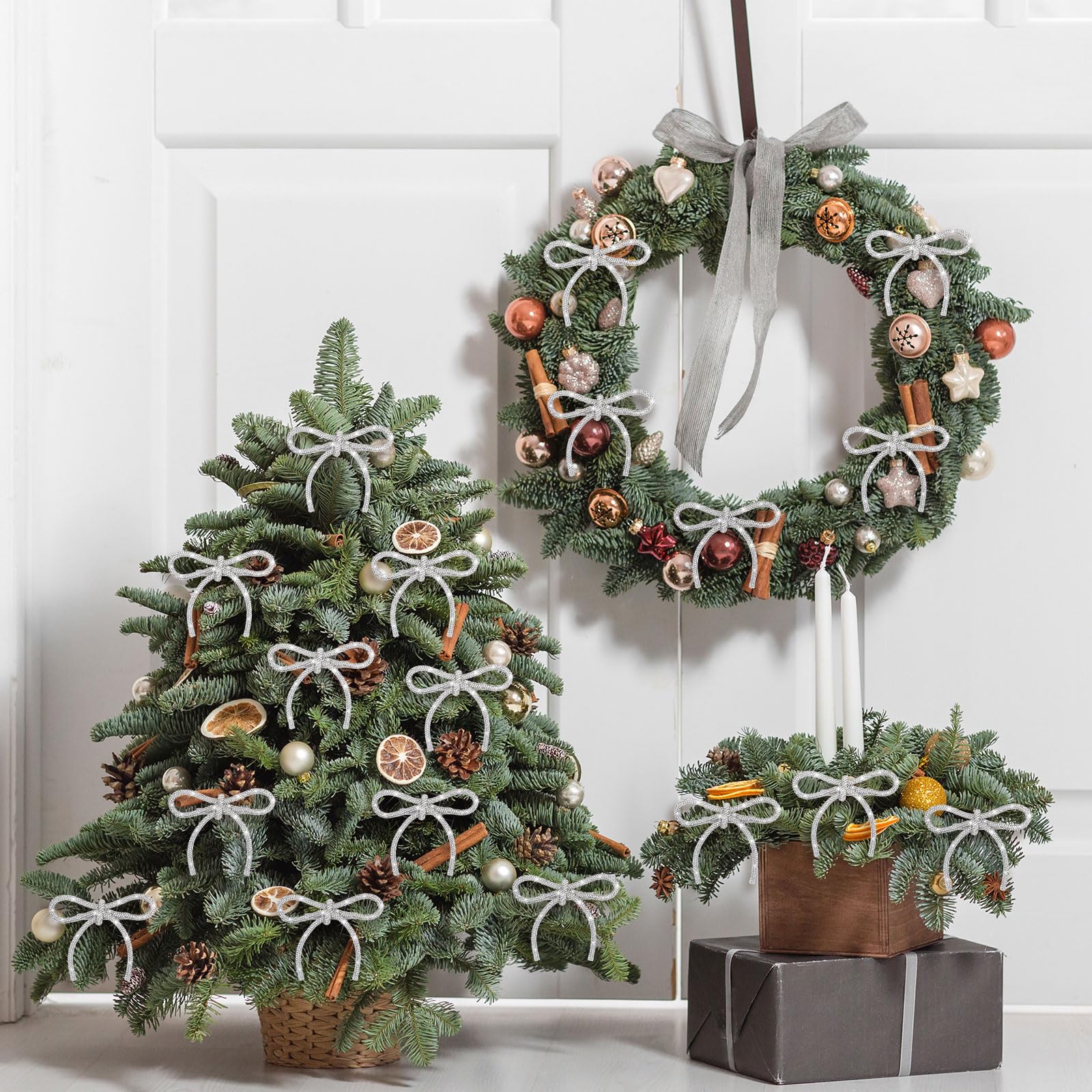 Suncalla 12 Pcs Glitter Christmas Tree Bow Clip Ornaments 4.1 x 4.5 Inch Bow Christmas Tree Wreath Decoration Xmas Hanging Ornam