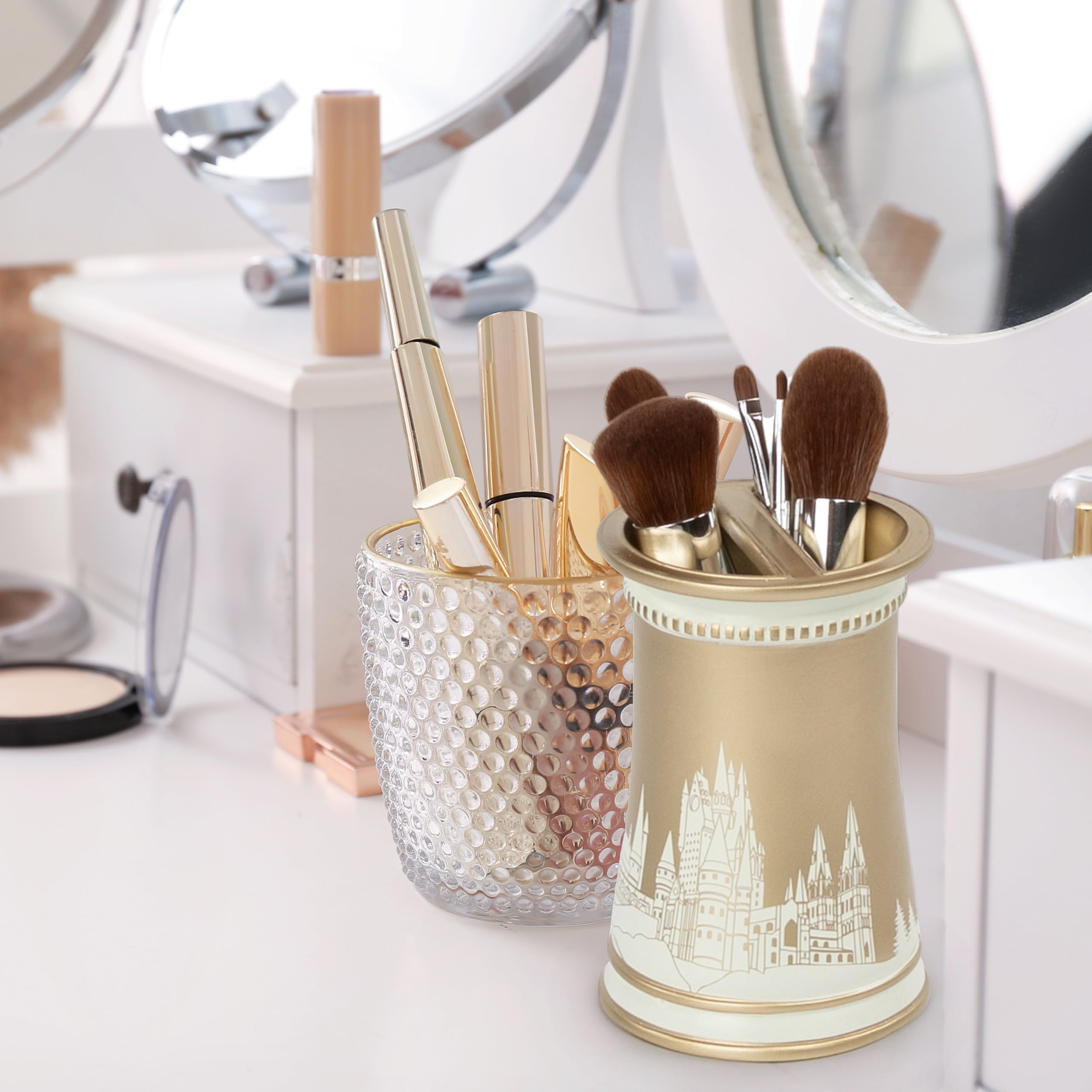 Jay Franco Harry Potter Bathroom Accessories - 2 Piece Gold Hogwarts Crest Resin Bathroom D  Cor And Storage Set Includes Toothb