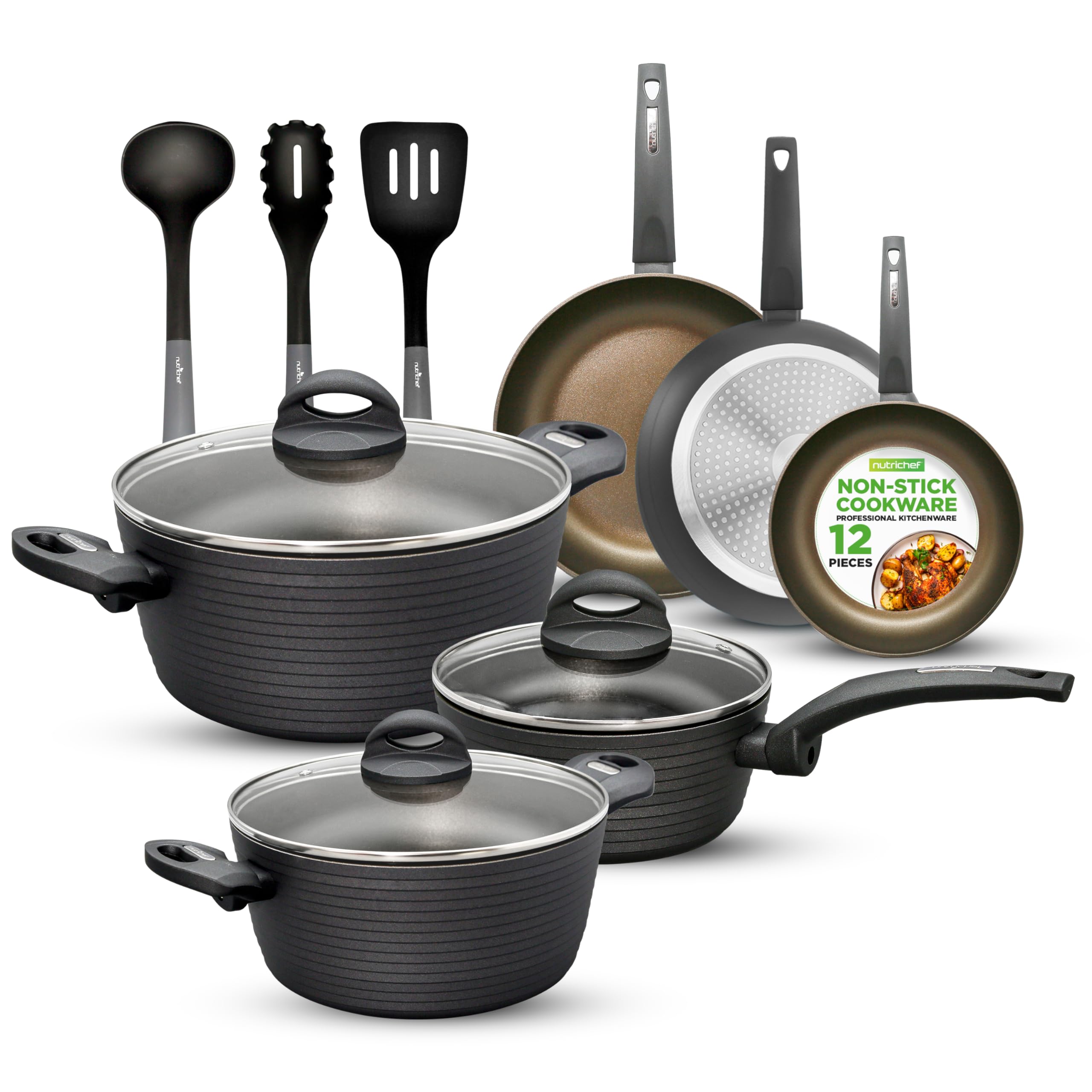 NutriChef Metallic Ridge Line Nonstick Cooking Kitchen Cookware Pots and Pan Set with with Lids and Utensils, 12 Piece Set, Gray