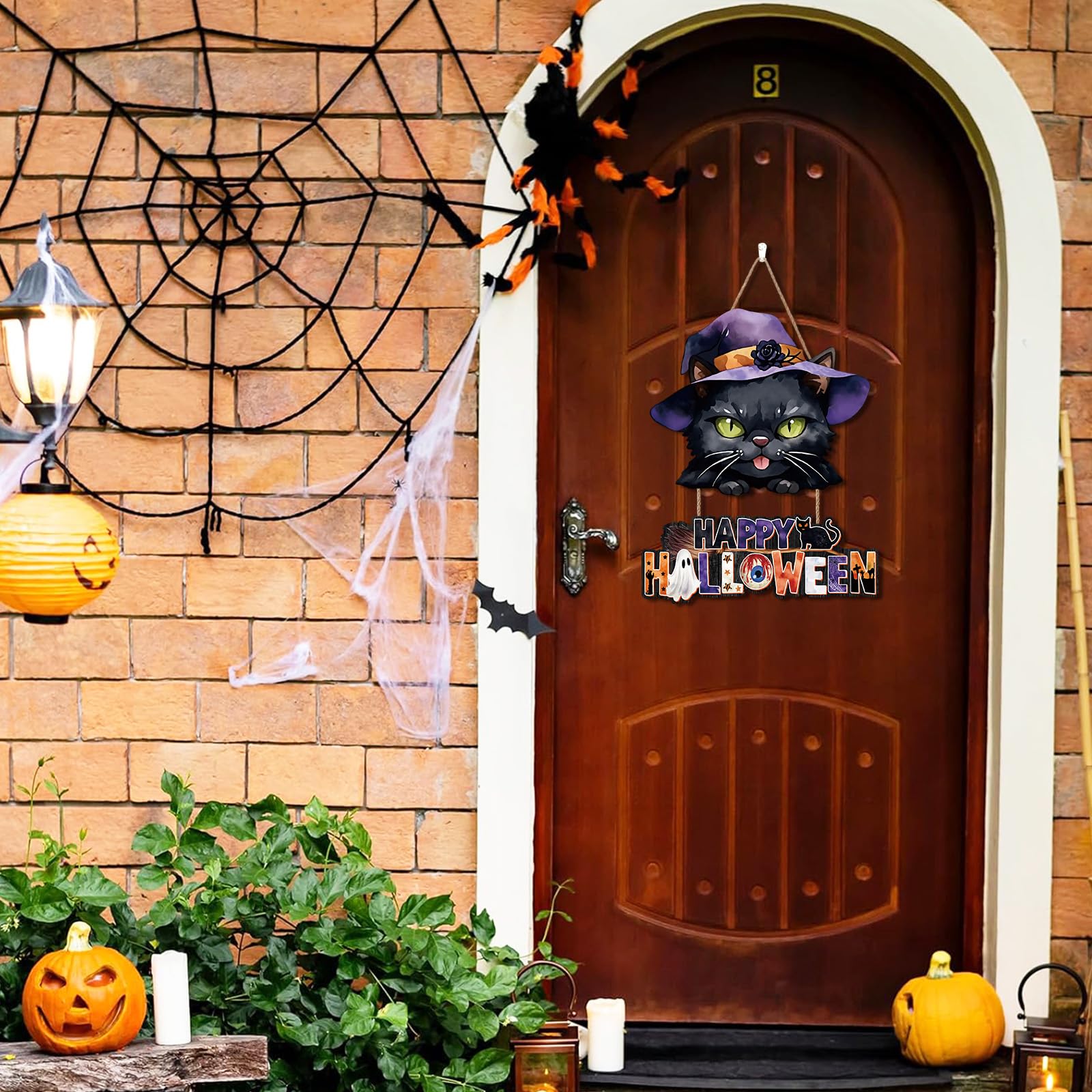 Ausril Happy Halloween Door Decoration,Black Cat Sign,Halloween Door Sign,Spooky Black Cat Wall Hanging,Witch Hat Wall Decor,Boo