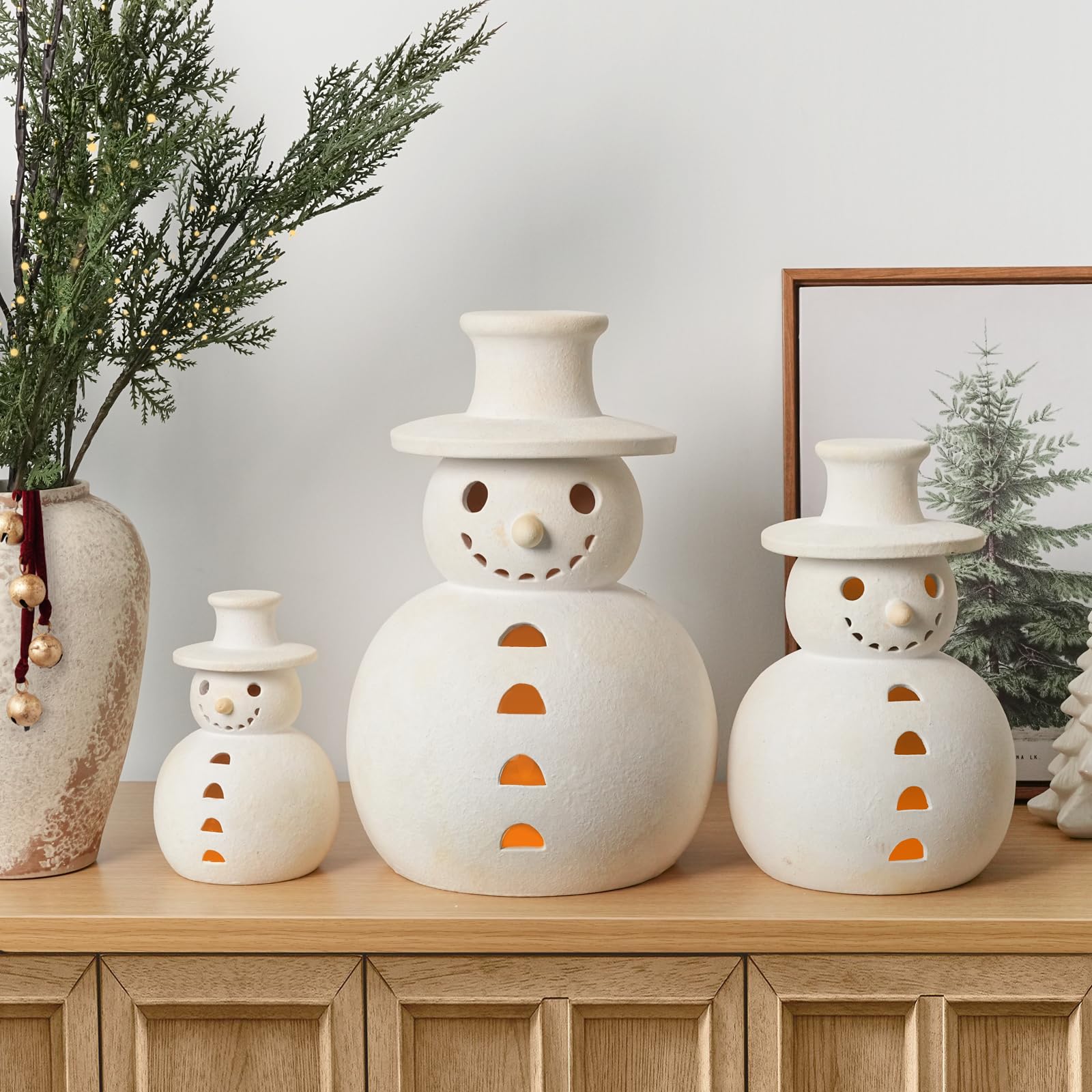 Christmas Decorations - Handmade Terracotta Snowman Figurines - 1 Pack White Clay Winter Decor Holiday Rustic Unique Decor for H