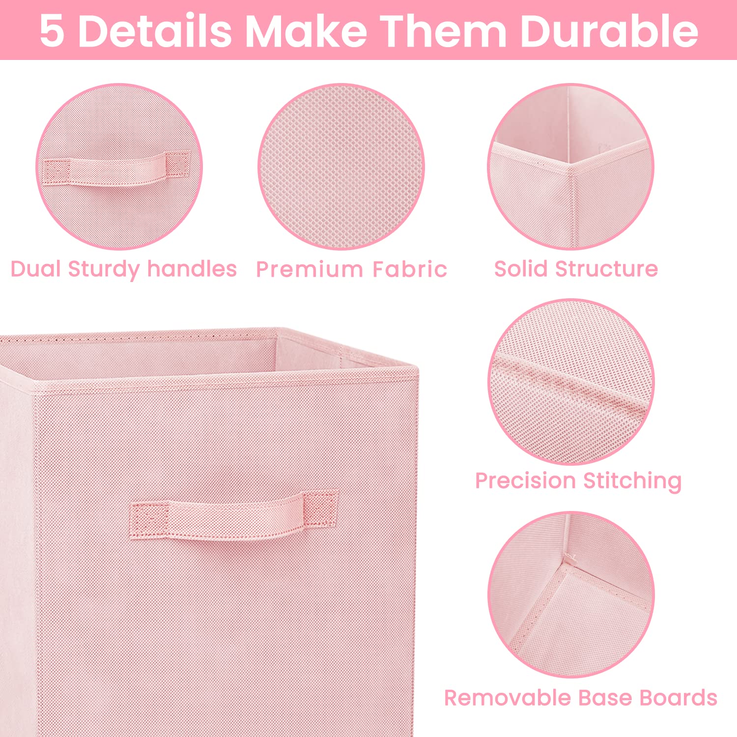 Criusia 11 Inch Cube Storage Bins - Set of 8, Pink Fabric Collapsible Baskets with Dual Handles for Closet and Shelf Organization