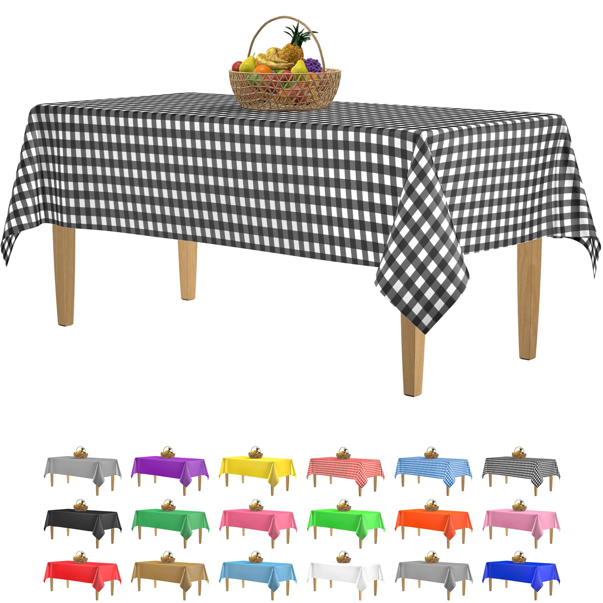 14 Pack Plastic Black Gingham Checkered Picnic Tablecloth 54 X 108 In. Rectangle Disposable Table Covers - Disposable Table Clot