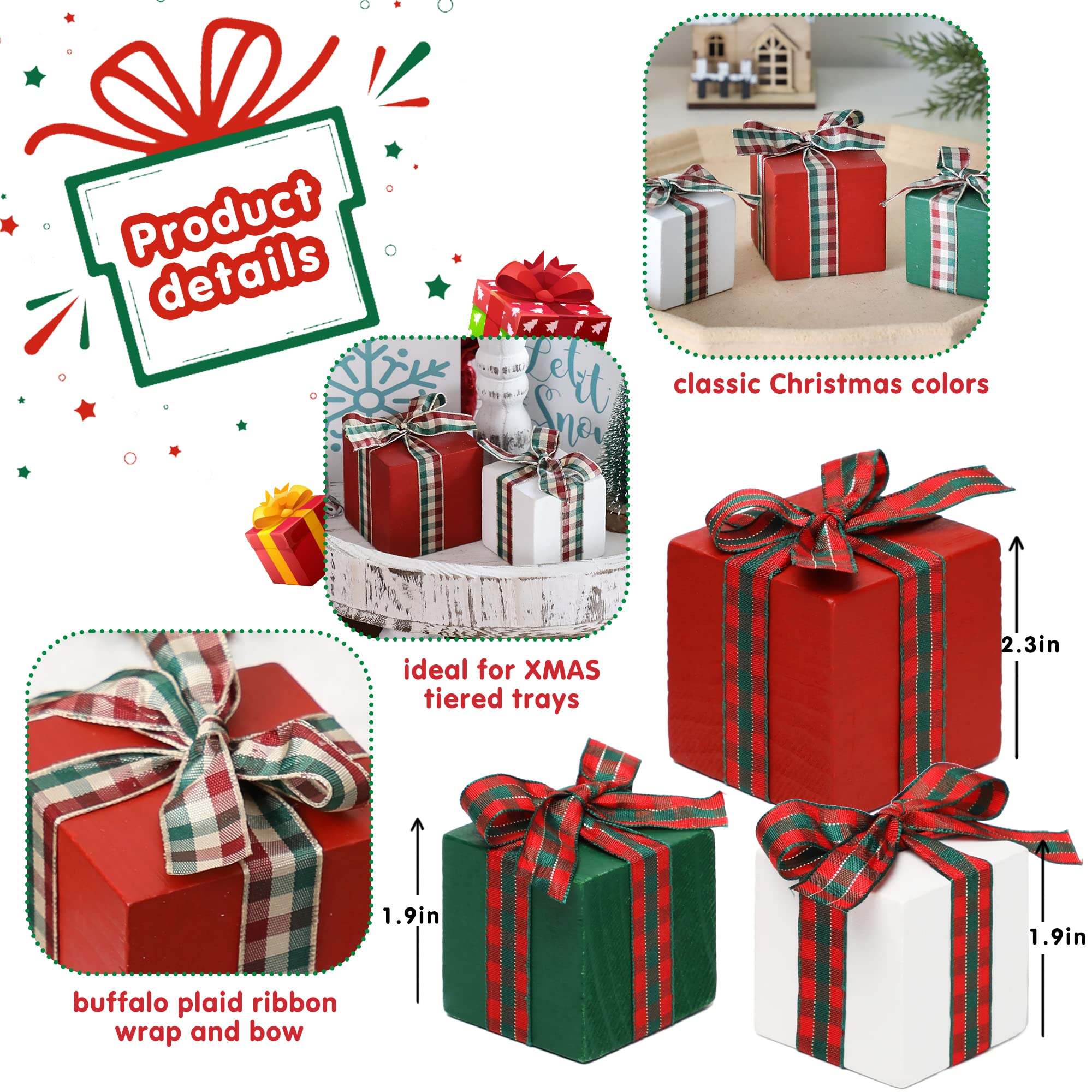 Christmas Tiered Tray Decor Set of 3 Mini Wood Small Table Decor Shelf d  cor (Buffalo Plaid 1)