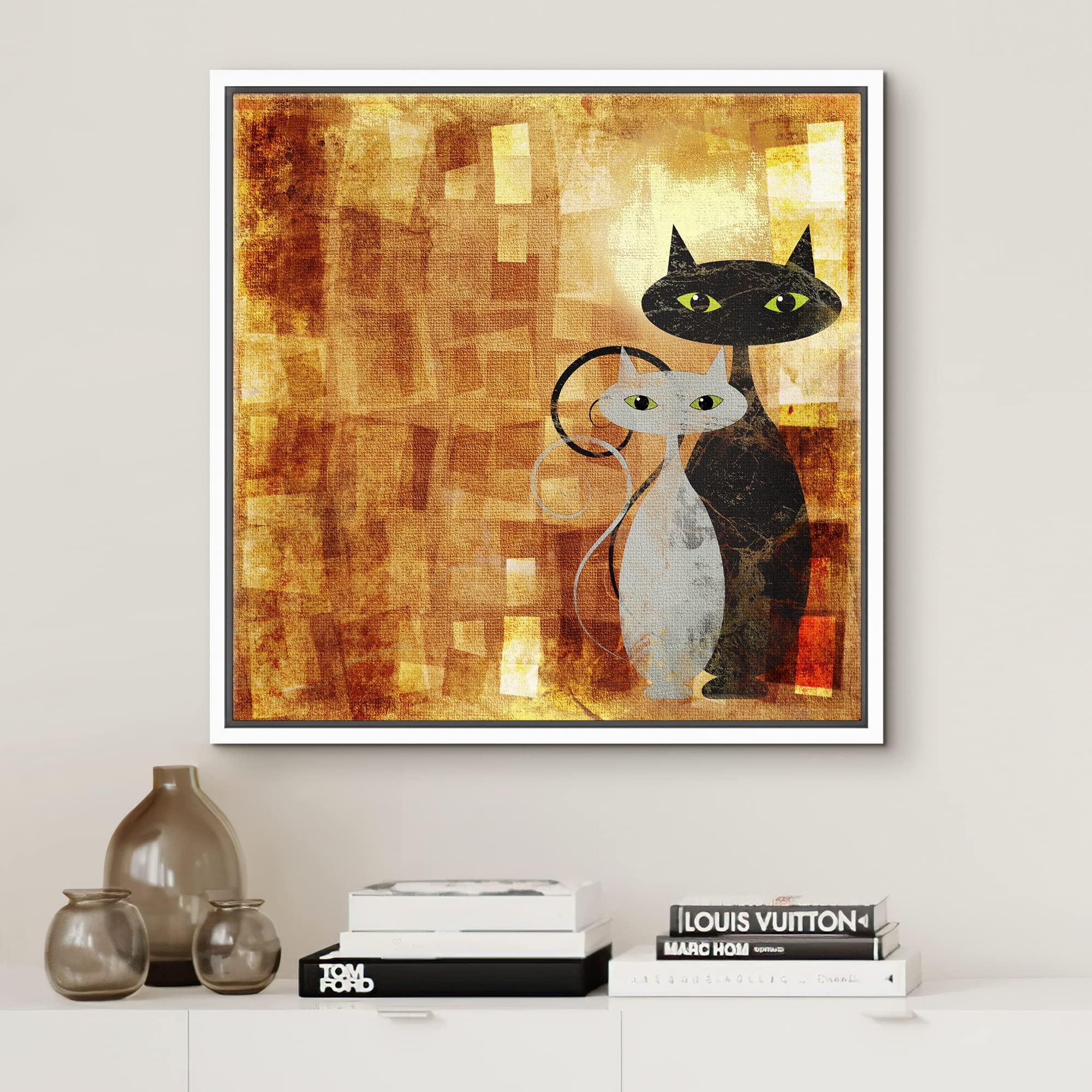 Wall26 - Framed Canvas Prints Wall Art - Black And White Cat On Orange Grunge Framed Canvas Modern Wall Art Stretched Gallery Fr