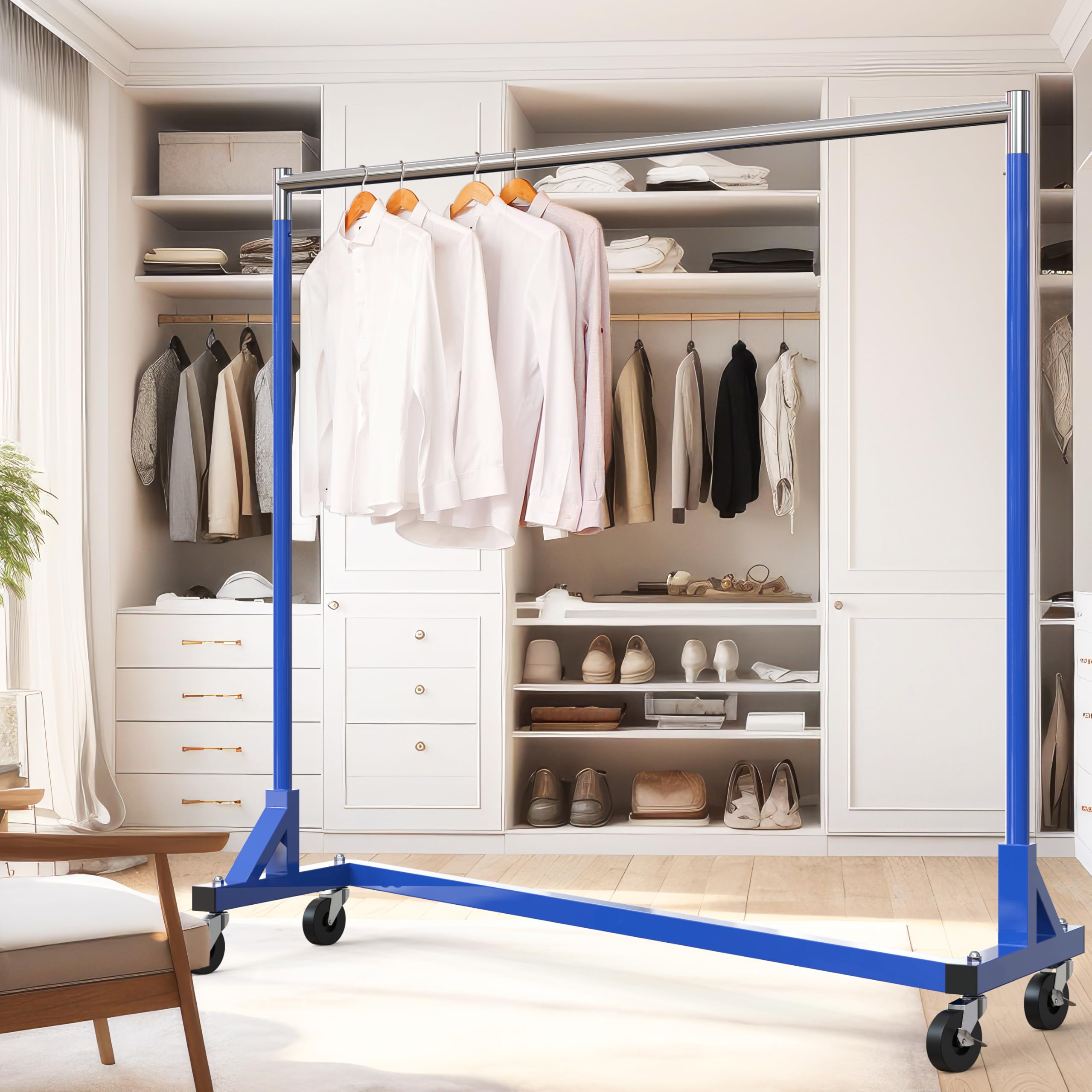 Simple Houseware Industrial Grade Z-Base Garment Rack, 500lb Load with 62 Inches Extra Long Bar, Blue