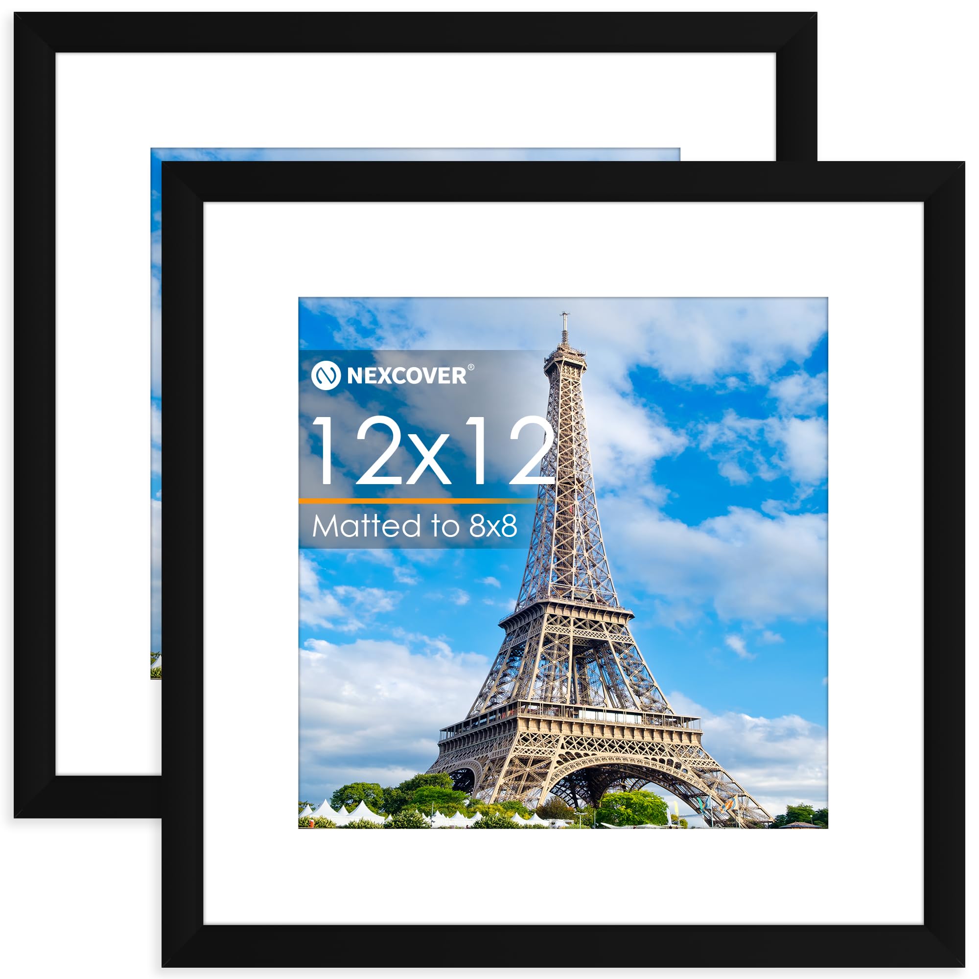 NEXCOVER 12x12 Frame Matted to 8x8 Picture Frames, Black 2PK Square Picture Frame for Horizontal and Vertical Wall Hanging, Ligh