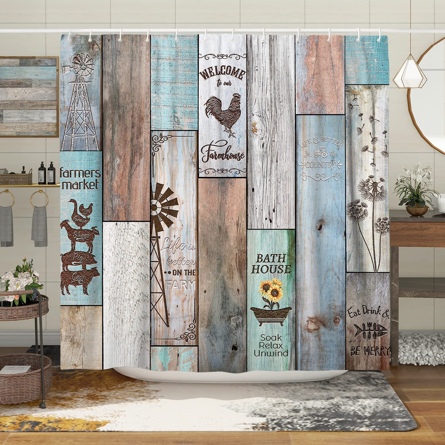 Witzest Farmhouse Rustic Shower Curtain Set Vintage Country Shower Curtains For Bathroom Wood Farmhouse Bathroom Decor Polyester