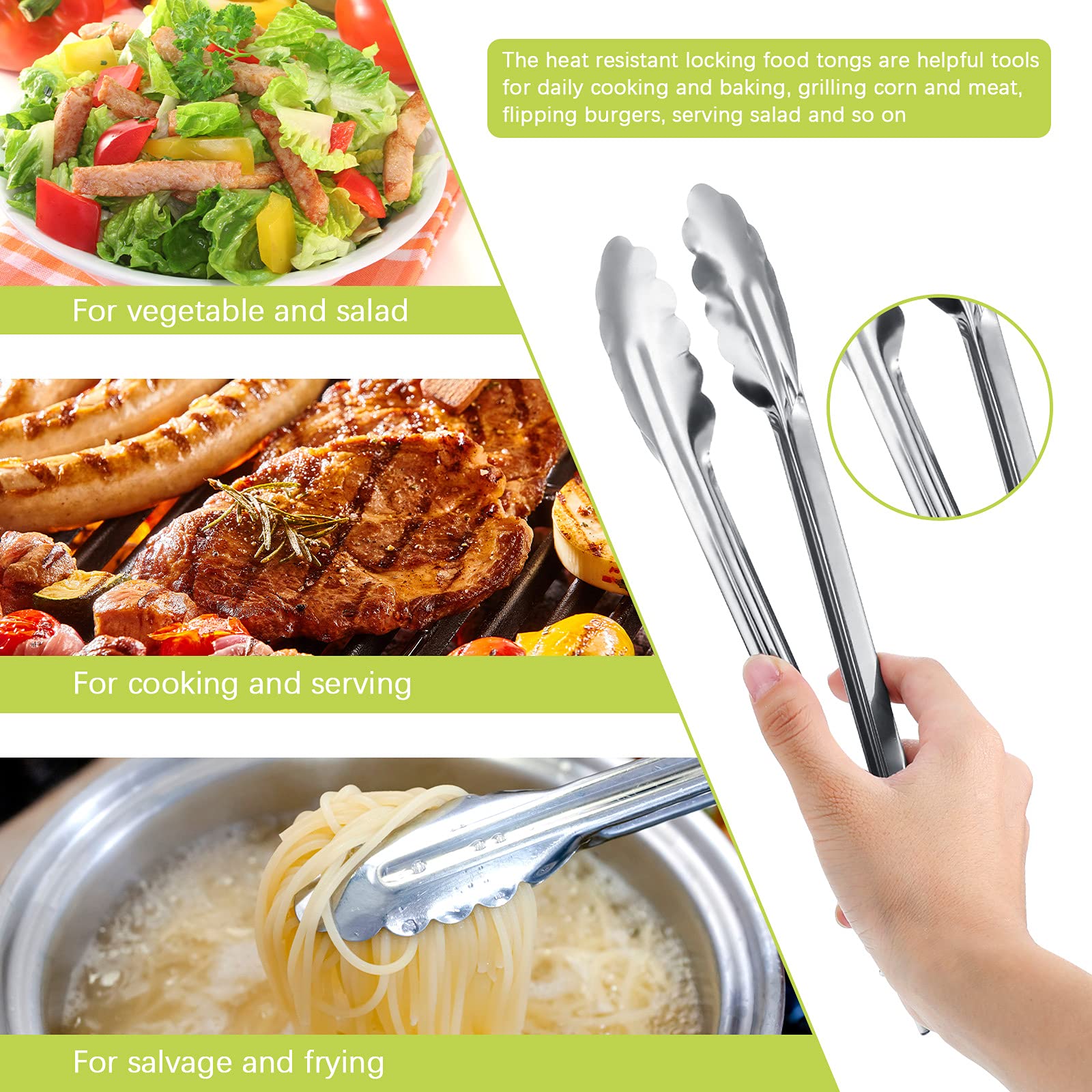 Stainless Steel Kitchen Tongs Set Cooking Tongs With Sliding Rings 7 Inch Metal Kitchen Tongs Small Clam Shell Cooking Tongs Non