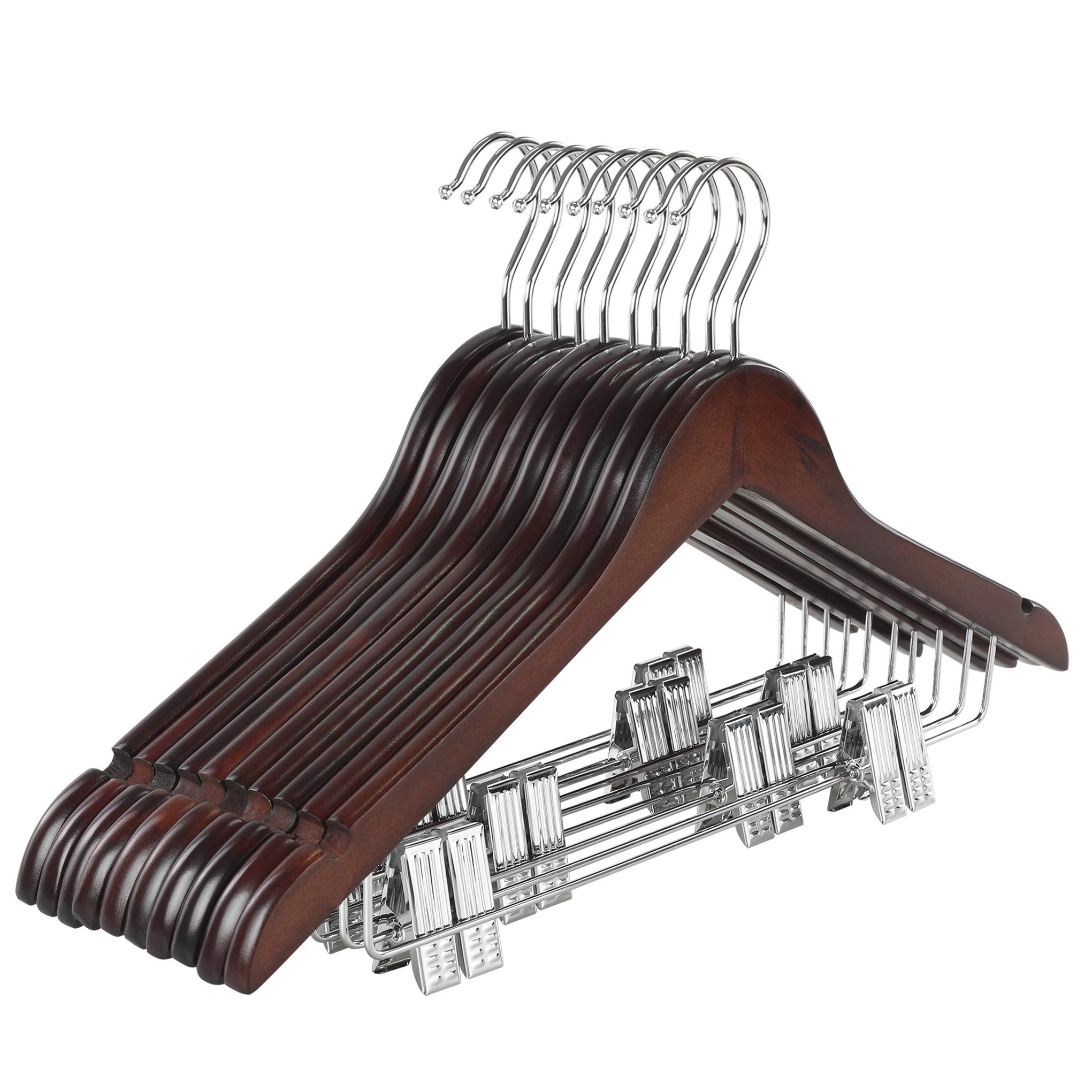 Topia Hanger Wooden Suit Hangers With Adjustable Metal Clips (10 Pack), Solid Wood Clothes Hangers, 360 Swivel Hook, Premium Ret