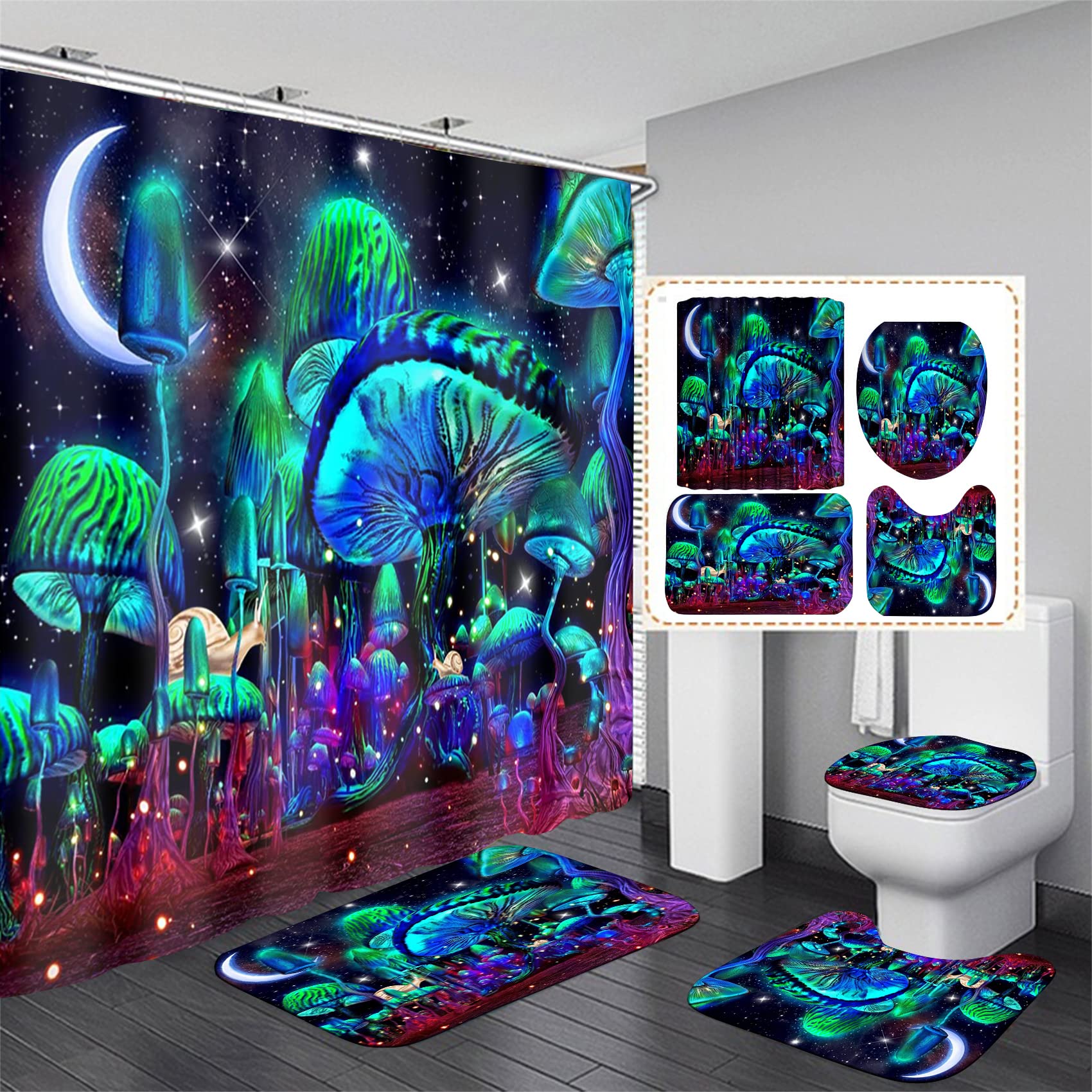 Jieprom 4Pcs Mushroom Bathroom Shower Curtain Set With Rugs, Toilet Lid Cover And Bath Mat, Moon And Stars With 12 Hooks, Durabl