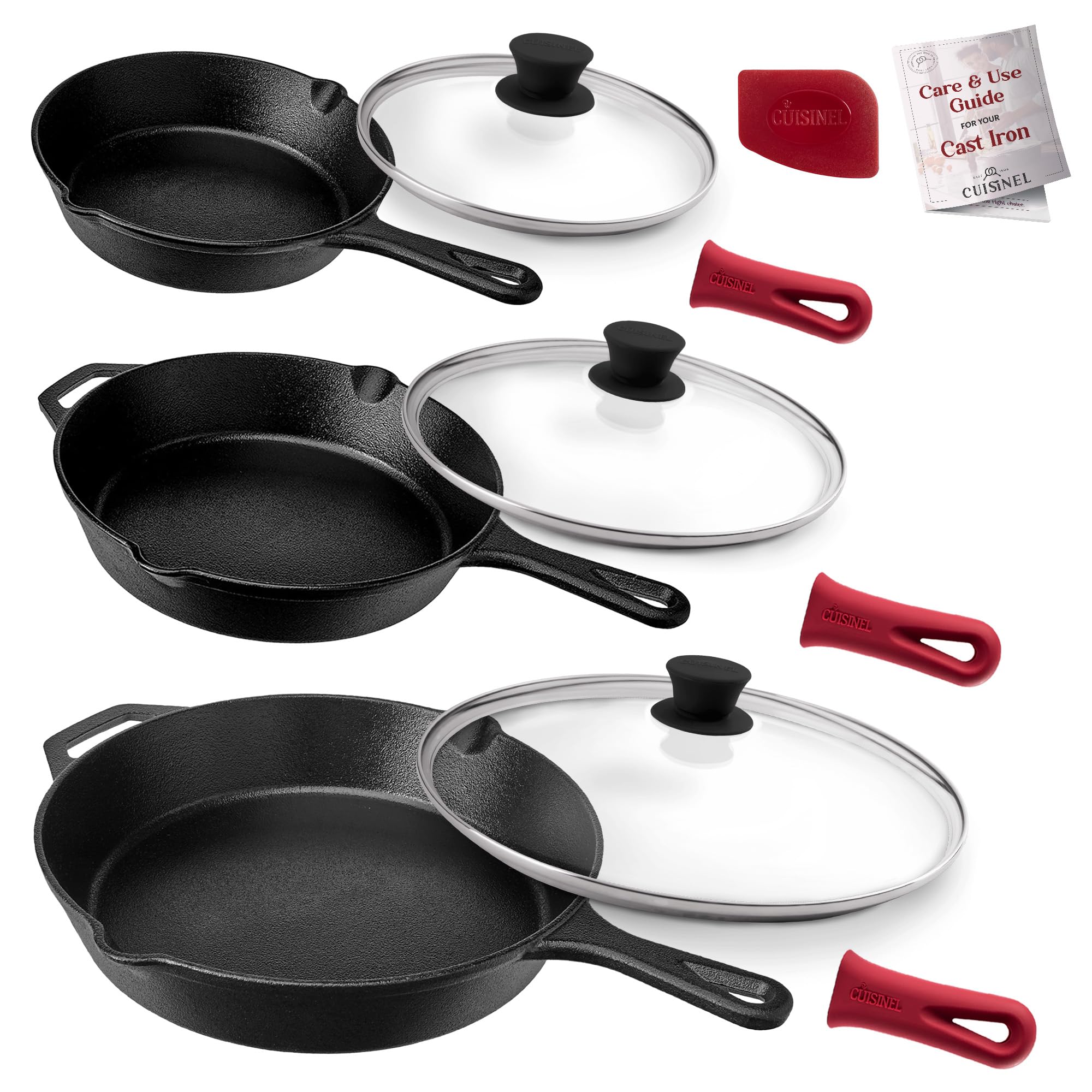 Cuisinel 8+10+12-Inch Cast Iron Skillets Set With Glass Lids + Silicone Handle Holder Covers + Pan Scraper - Pre-Seasoned Oven C