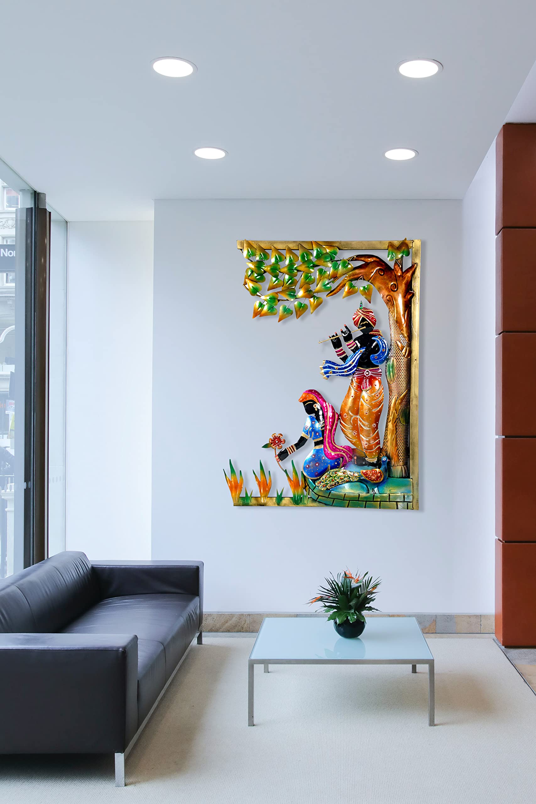 Craftbee Radhe Krishna Metal Emboss Painting God Large Wall Hanging Tree Frame Sculpture | For Home Decor & Office Gift Wall Fig