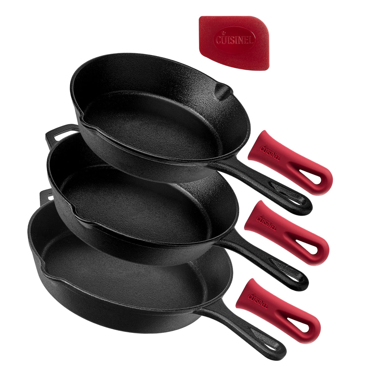 Cuisinel Cast Iron Skillets Set - 12 + 10 + 8-Inch Pre-Seasoned Frying Pans + Silicone Handle Grip Covers - Use Indoor/Out