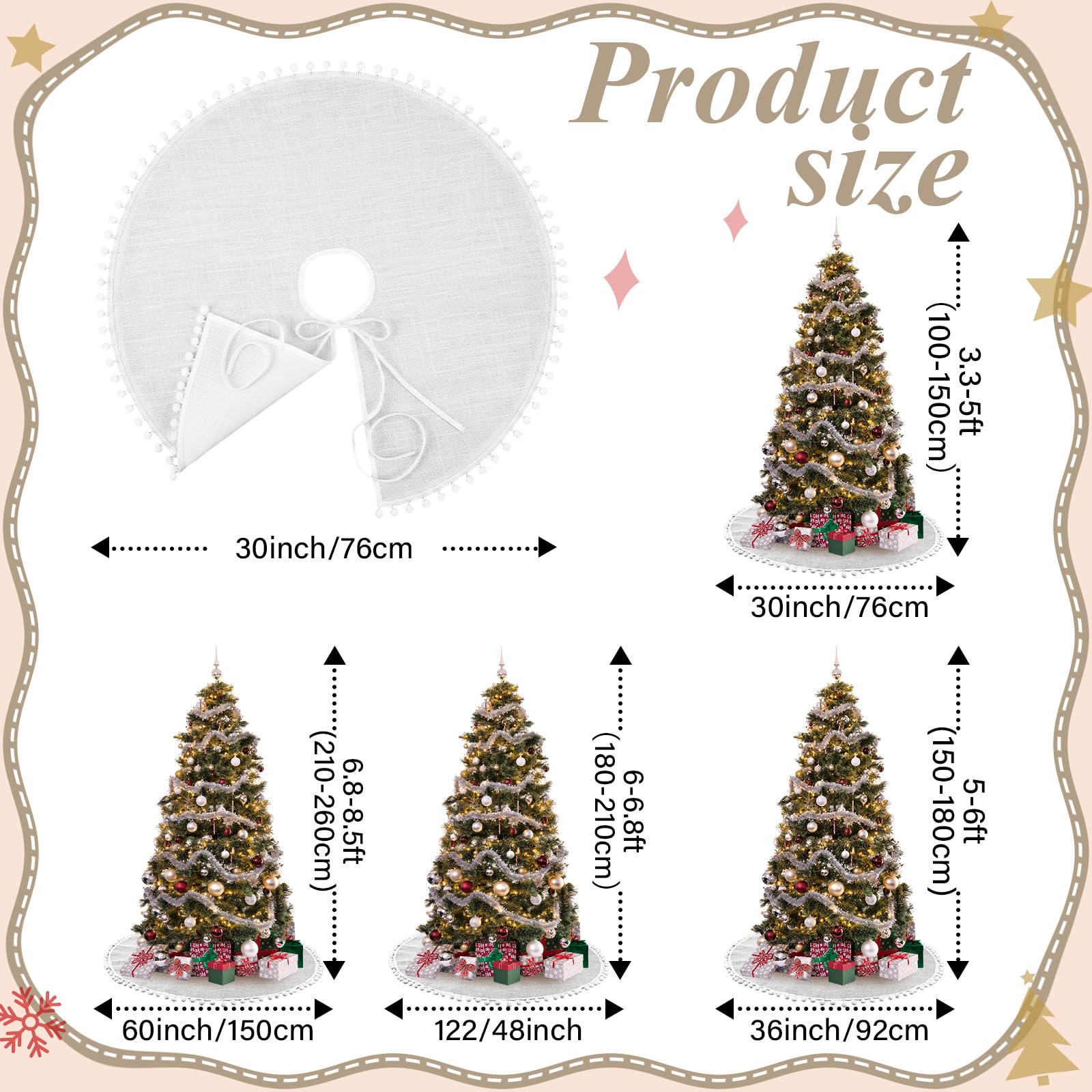 Syhood 30 Inch Christmas Tree Skirt White Xmas Linen Burlap Tree Skirt Base Cover with Pom Trim for Xmas Winter Home Decorations