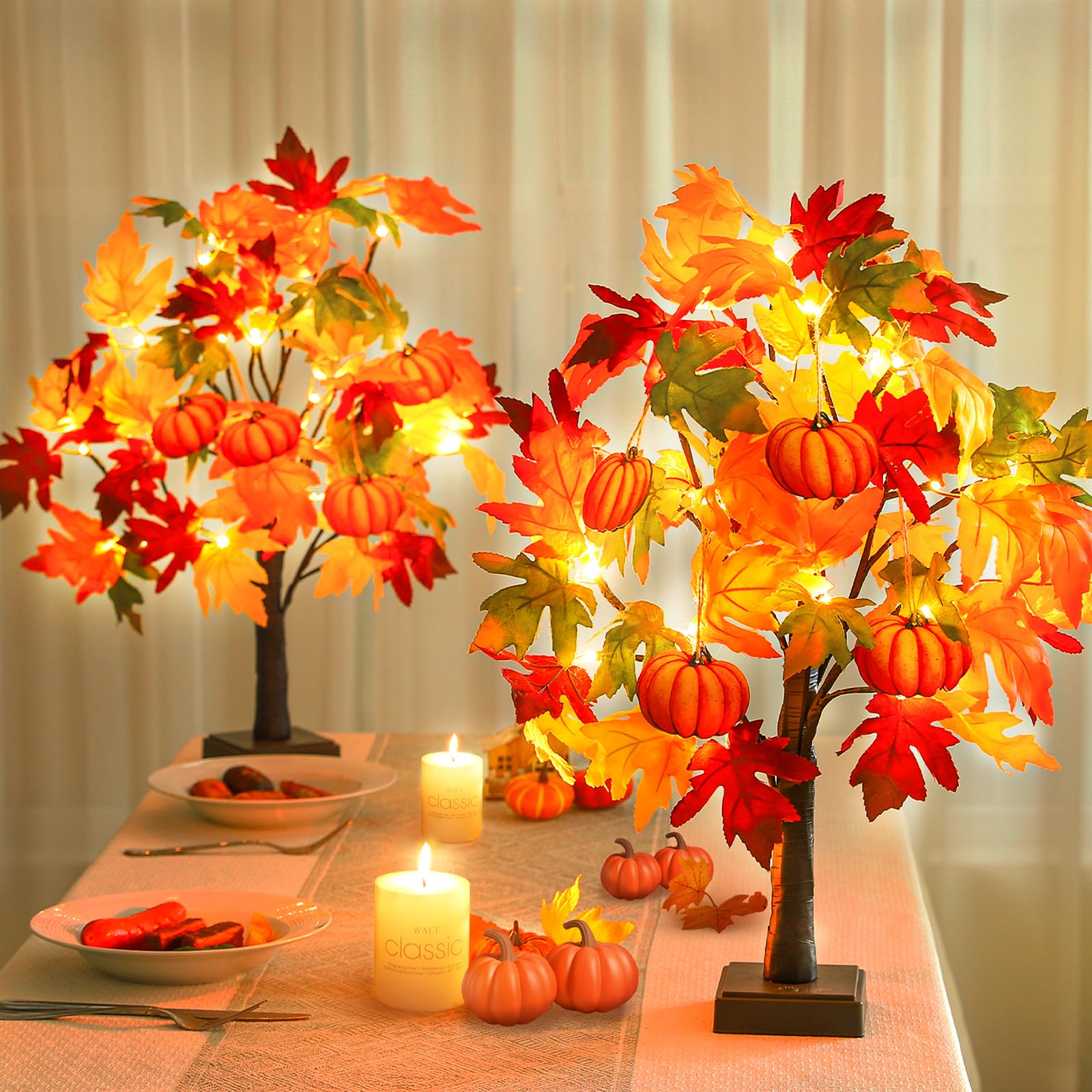 Fall Decor 2 Pack 24 Inch Lighted Fall Maple Tree Fall Decorations for Home,Tabletop Fall Trees 48 LEDs Battery Powered with 8pc