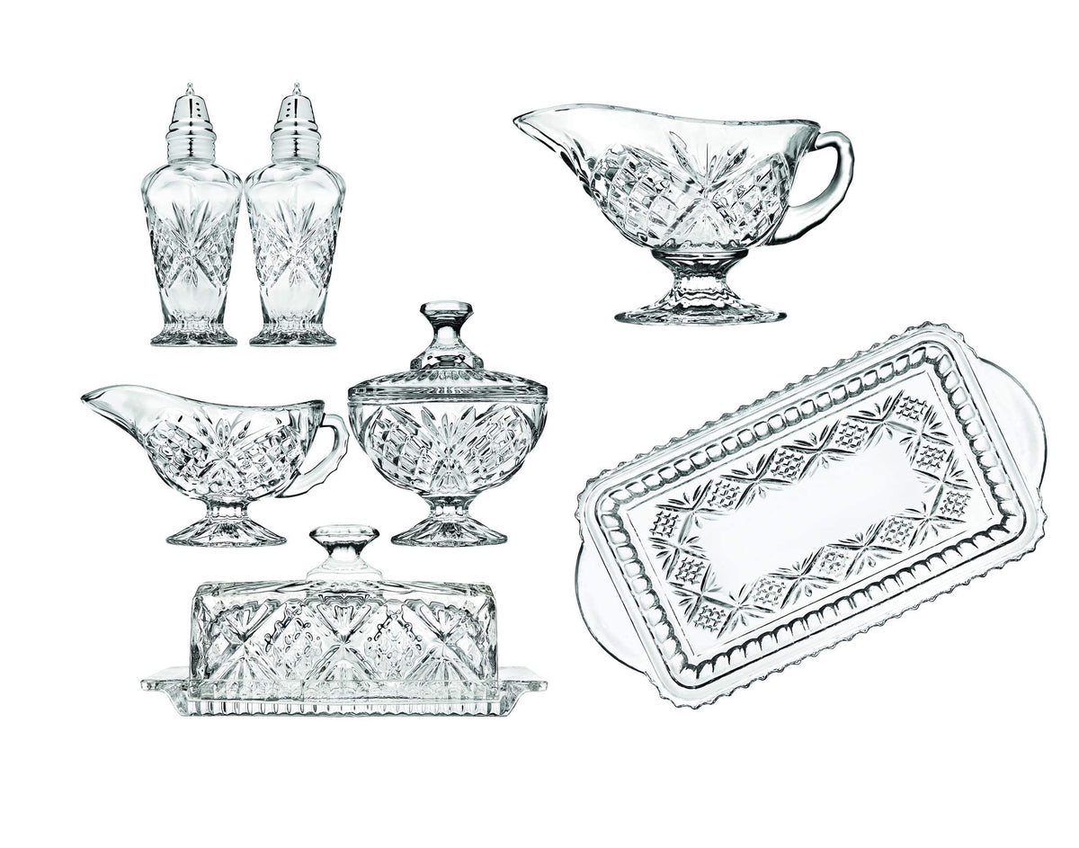 Godinger 8 Piece Hostess Serveware Set - Salt And Pepper Shakers, Butter Dish, Sugar And Creamer, Serving Tray - Dublin Collecti