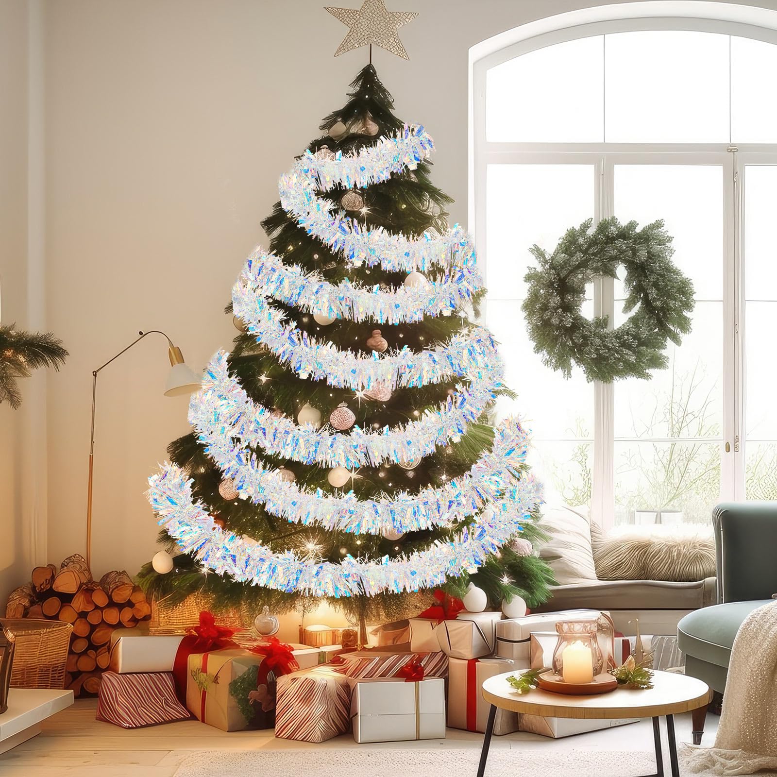 Yuxung 49.2 ft Christmas Tinsel Garland Iridescent White Metallic Garland Light Glittering Decoration for Valentine Birthday Wed