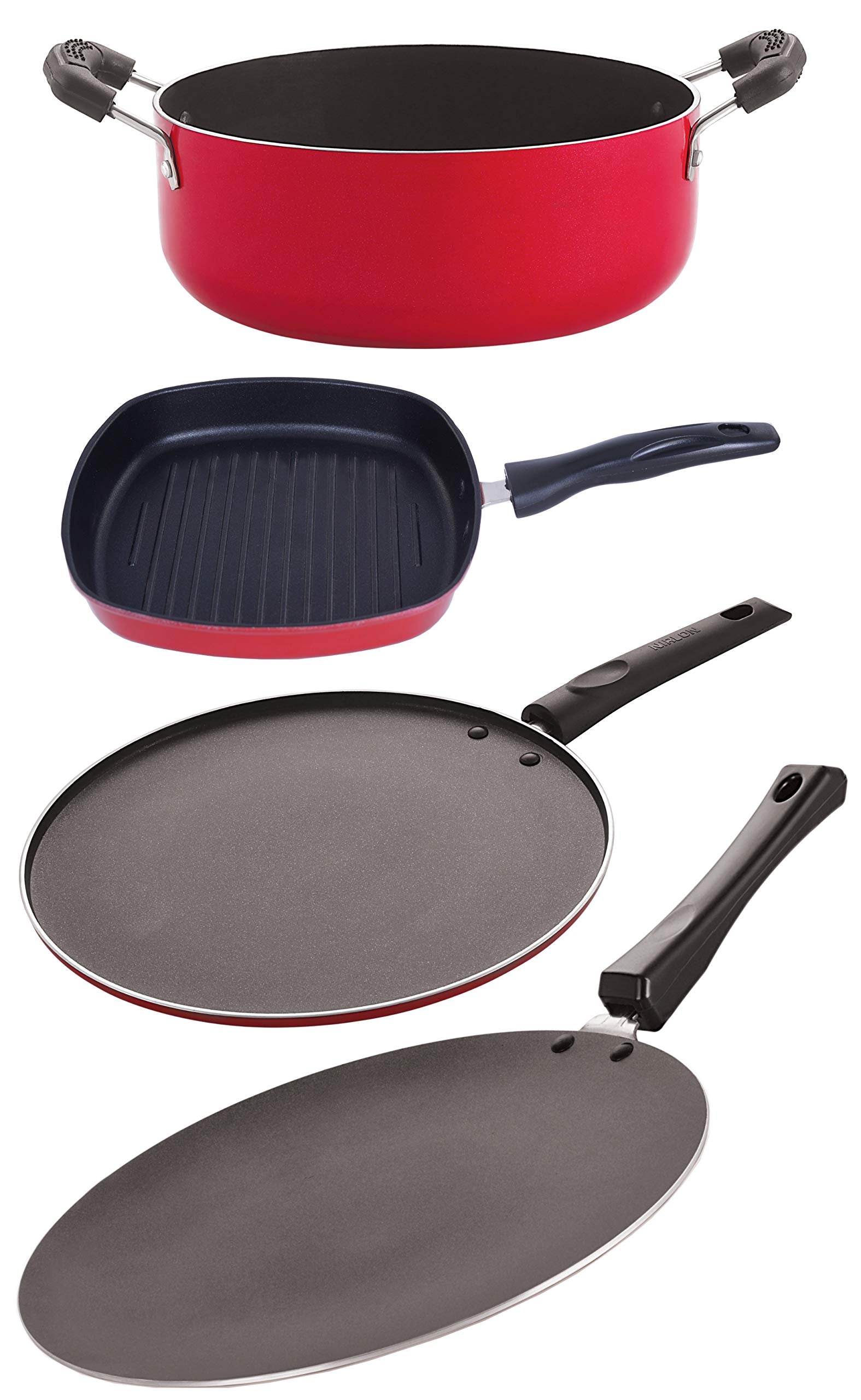 Nirlon NonStick Cookware Kitchen Aluminium Cooking Essential Combo 4 Pcs Set (1 Concave Tawa 27.5Cm /1 Smart Tawa 26.5Cm/1 Gril