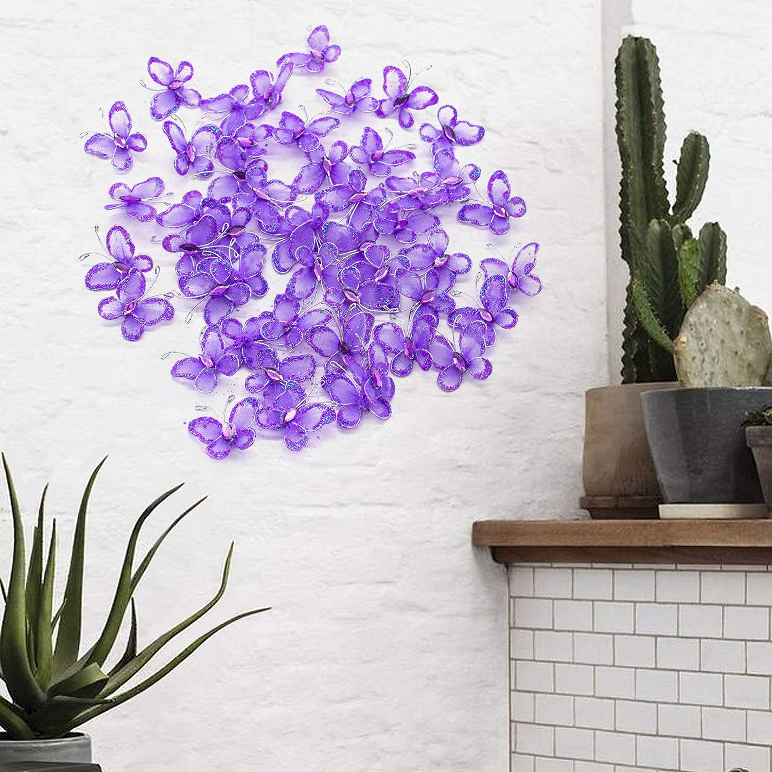 Auear, 50 Pack Sheer Mesh Wire Glitter Butterfly Butterfly With Gem For Home And Wedding Decoration Party Wall Decorations (Purp