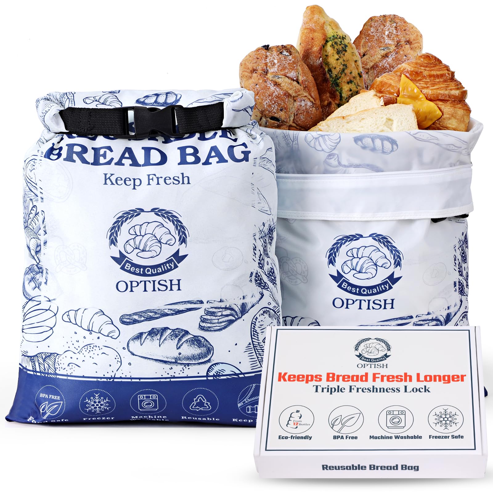 Optish 2 Pack Reusable Bread Bags for Homemade Sourdough, Lined with Zipper, Freezer Safe & BPA Free, Perfect for Gift Giving, W