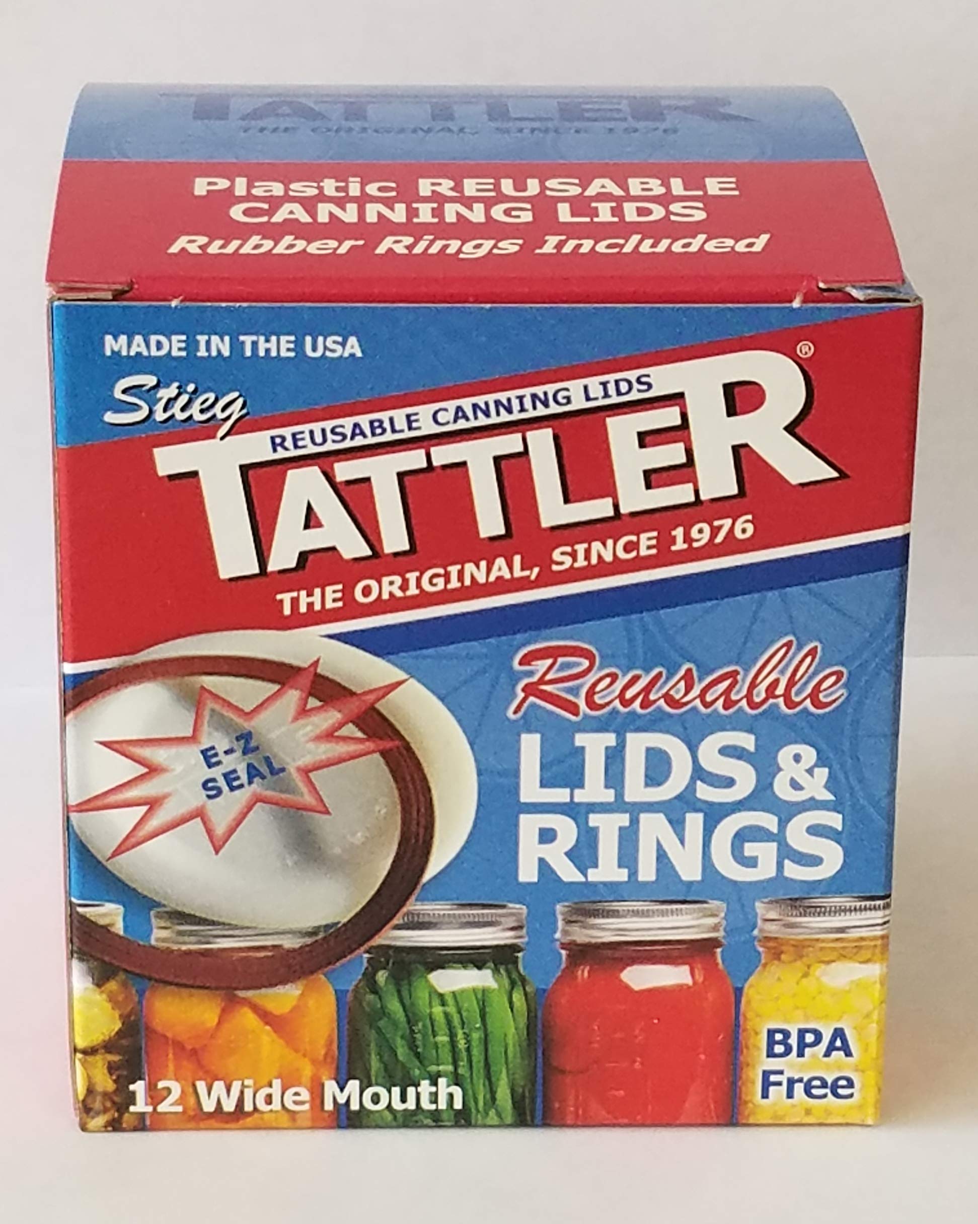 Authentic Tattler E-Z Seal Reusable Canning Lids - Wide Mouth - 1 Dozen (12) Plastic Lid/Rubber Ring - Made In The Usa!