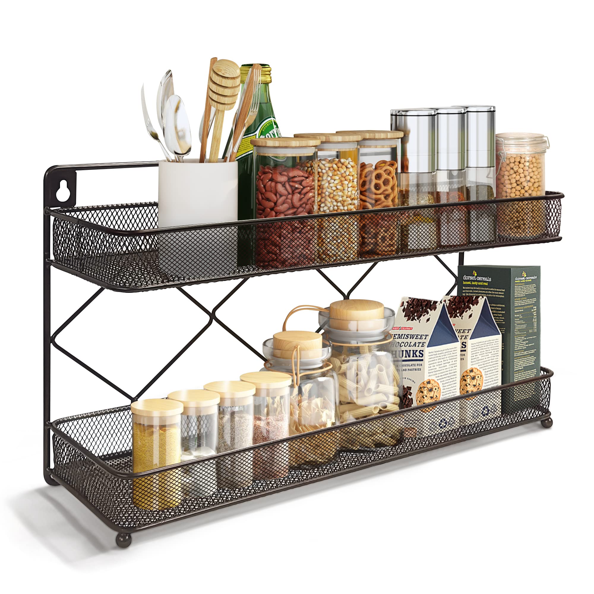 Megier 2 Tier Metal Kitchen Counter-top or Wall Mount Spice Rack, Jars Storage Organizer, Cabinet Holder, spice seasoning organi