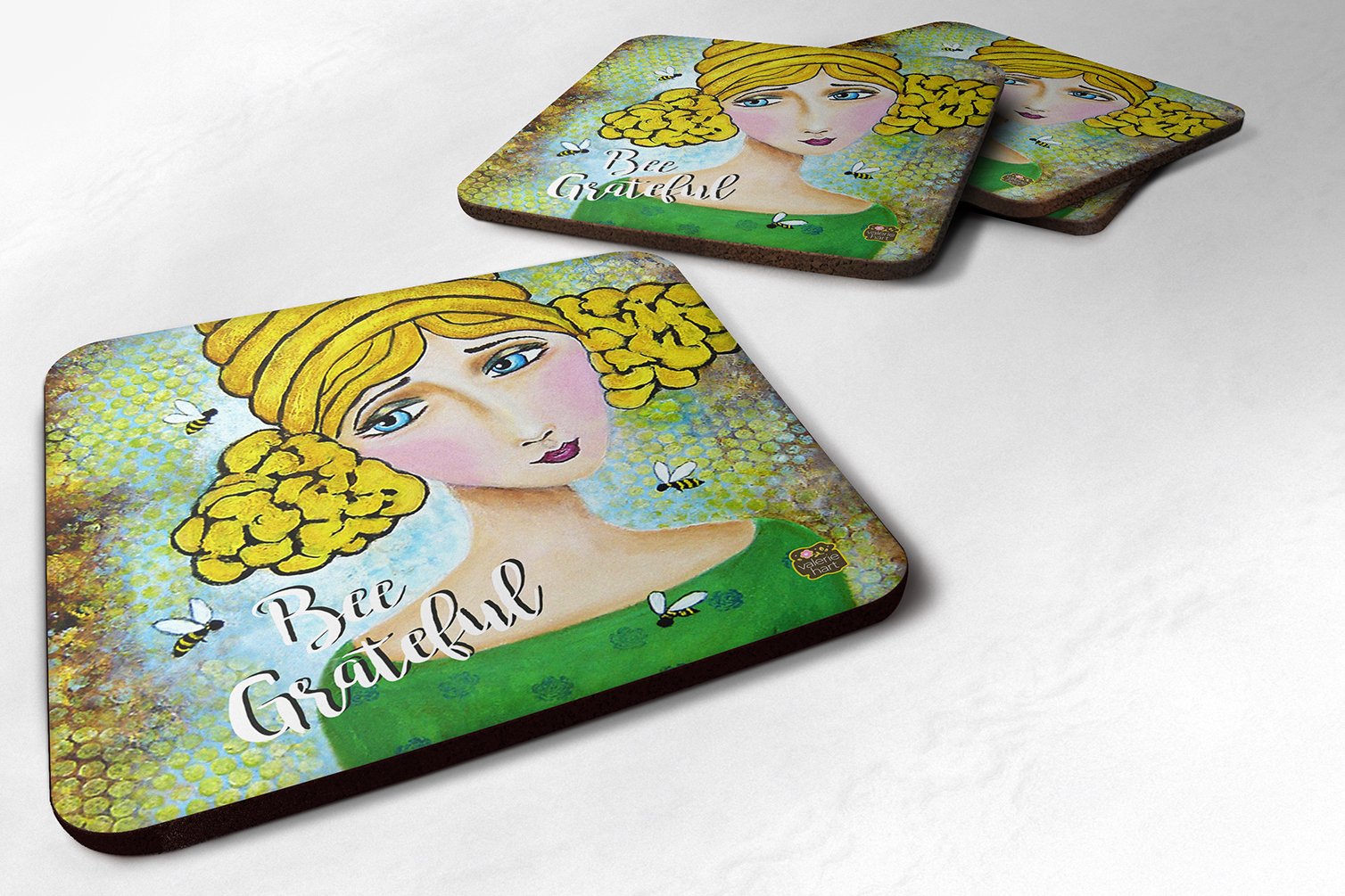 Carolines Treasures Bee Grateful Girl With Beehive Foam Coasters (Set of 4), 3.5, Multicolor