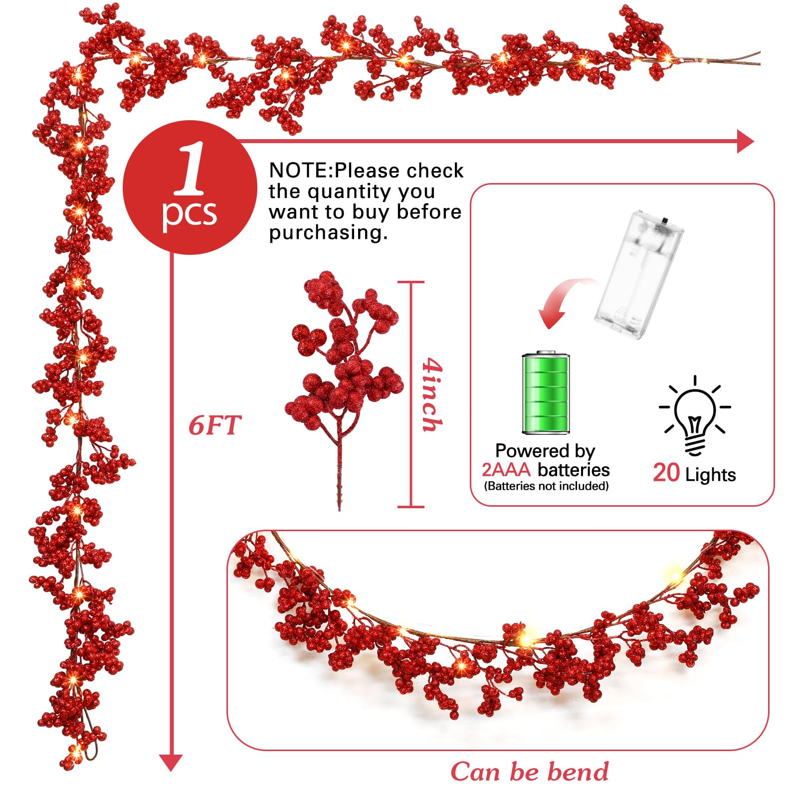 Syhood 1 Piece Christmas Red Berry String Garland Artificial Lighted Berry Garland for Xmas Winter Valentines Day Holiday Firep