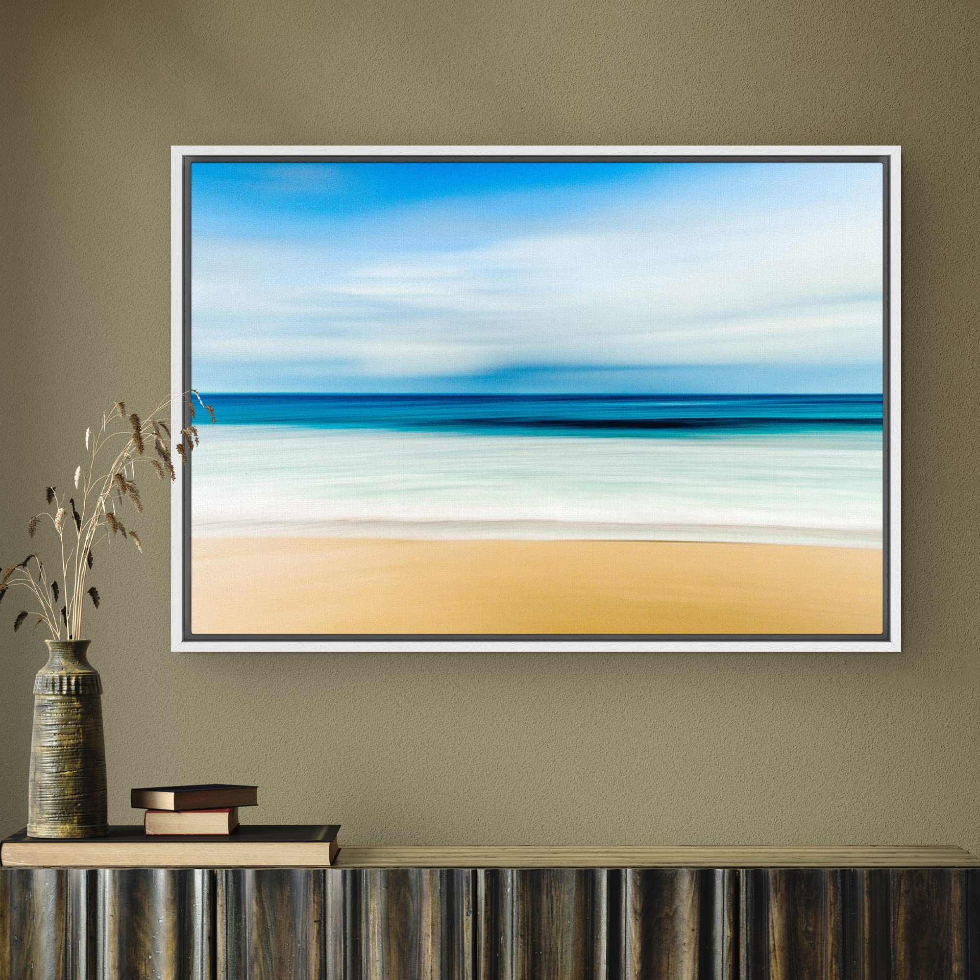 Signwin Framed Canvas Wall Art Blue Sky With Sea Reflection By The Sandy Beach Coastal Ocean Oil Painting Abstract Modern Closeu