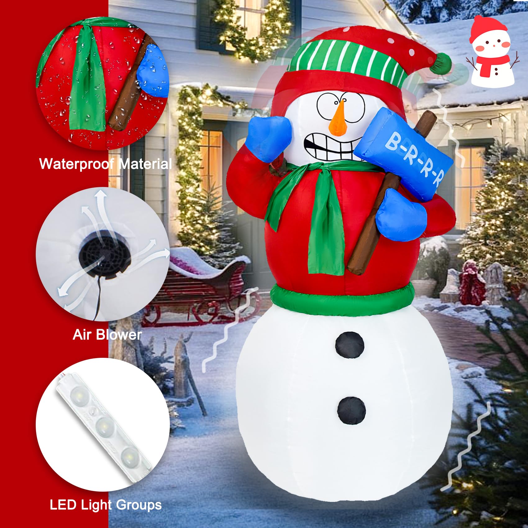 DearSun 6FT Inflatable Snowman with LED Lights - White Polyester Christmas Decoration, Model XF25001