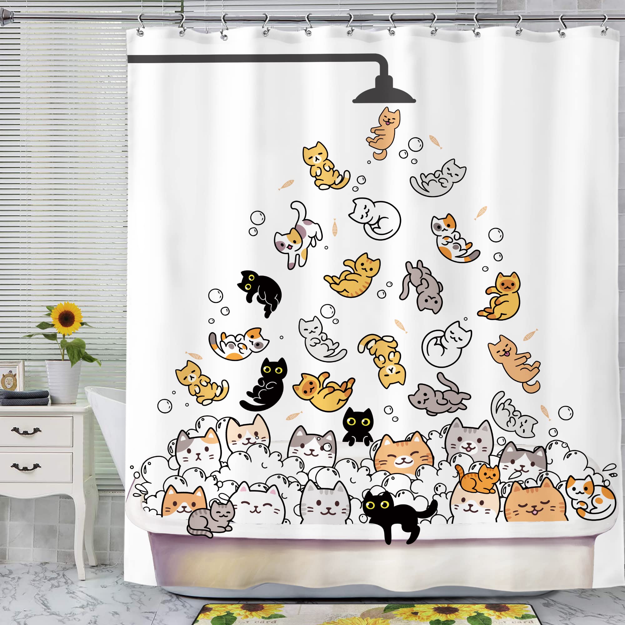 Svbright Cute Cat Shower Curtain 60Wx72L Inch Kids Cartoon Funny Kitty Animal Hilarious Lovely Pets Paw Print Boys Girls Newborn