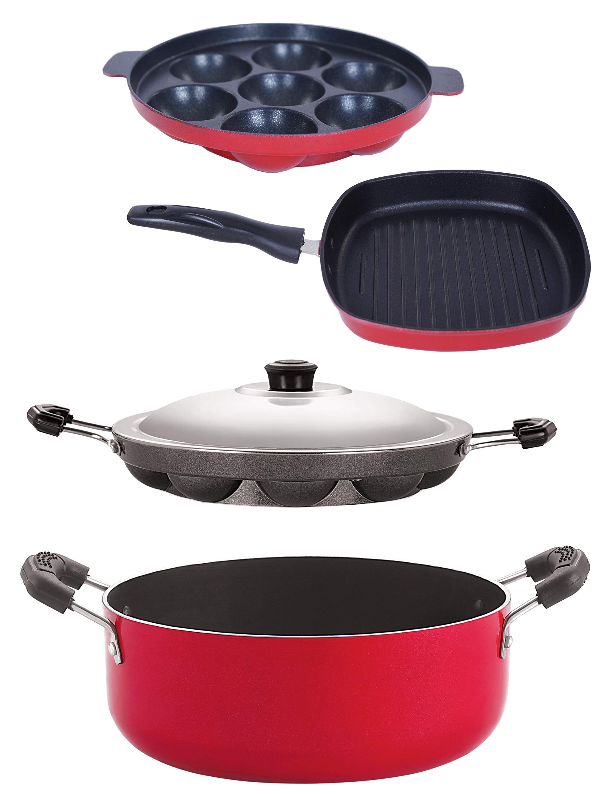 Nirlon NonStick Appam Appam Grill Pan Casserole Aluminium Cookware Set, 5Pieces, Red/Black(Ap7_Ap12_Gp24.5_Cs24)