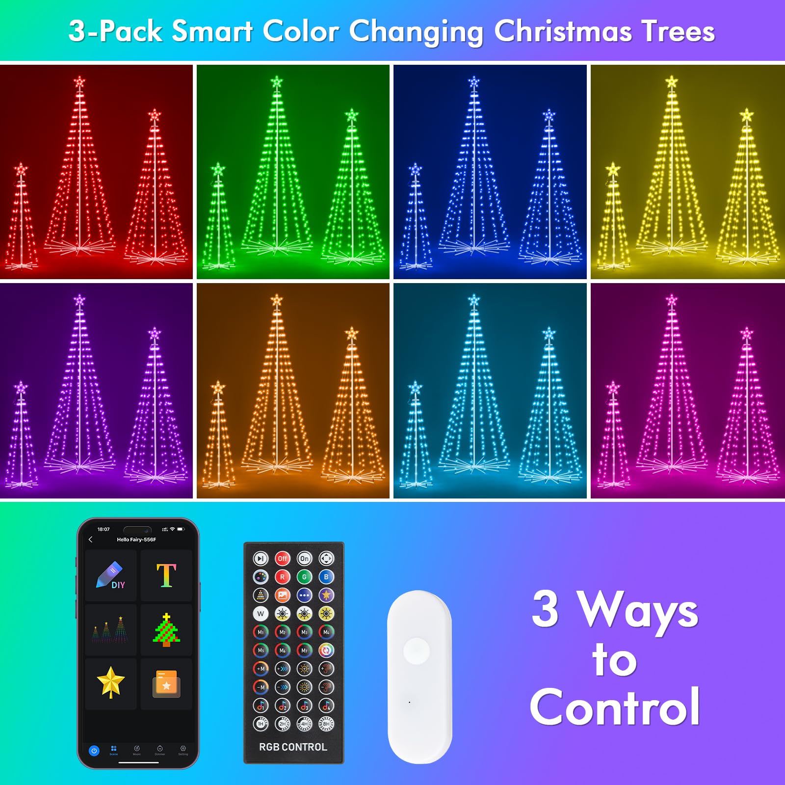 HOLILLUMA Outdoor Christmas Tree, 3-Pack RGB Color Changing Pre-Lit Smart Cone Christmas Tree with LED Lights, App & Remote Cont