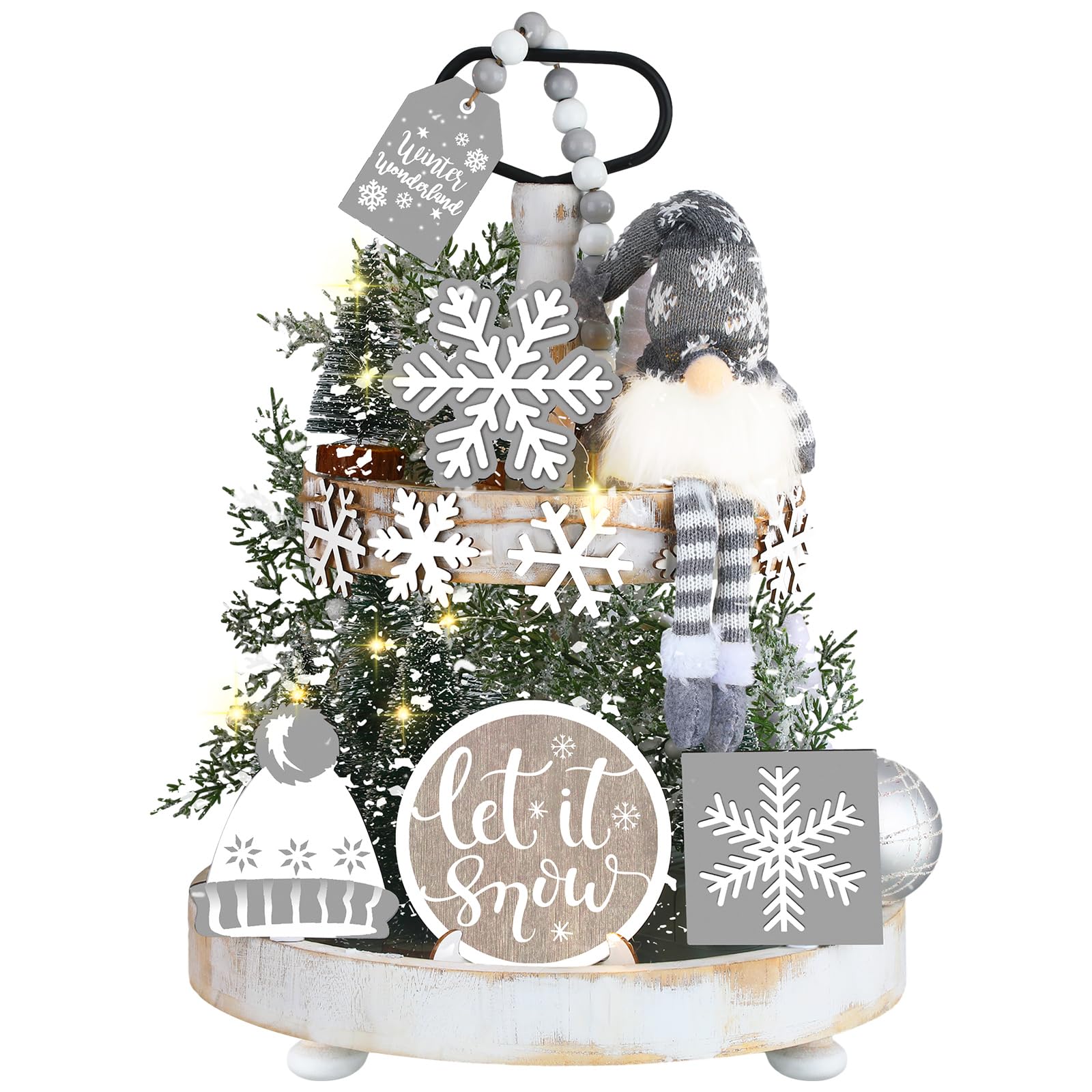 16 Pcs Winter Tiered Tray Decor Winter Rustic Gnome Plush Snowflake Tray Decor Christmas Wood Table Signs for Xmas Winter Table 